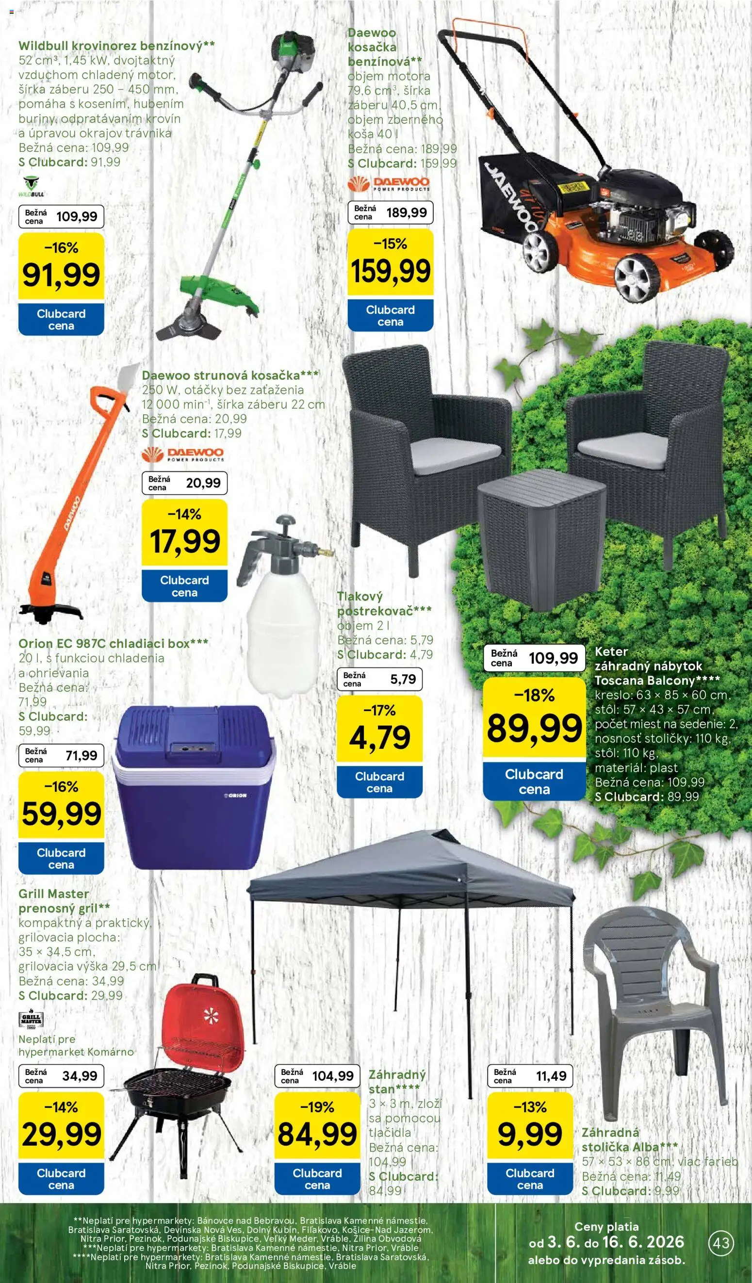 Nové Tesco akcie – leták je platný od 10.06.2026 | Strana: 43 | Produkty: Nábytok, Gril, Krovinorez, Stoličky