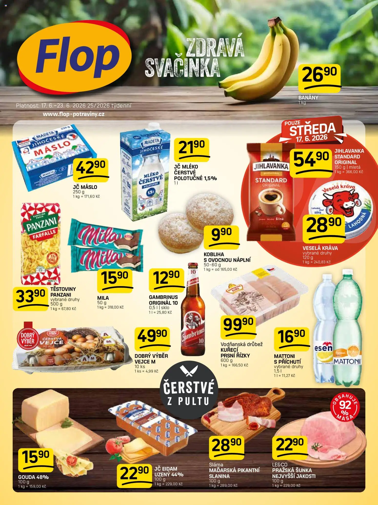 Flop leták od 17.06.2026 | Strana: 1 | Produkty: Mléko, Šunka, Těstoviny, Slanina