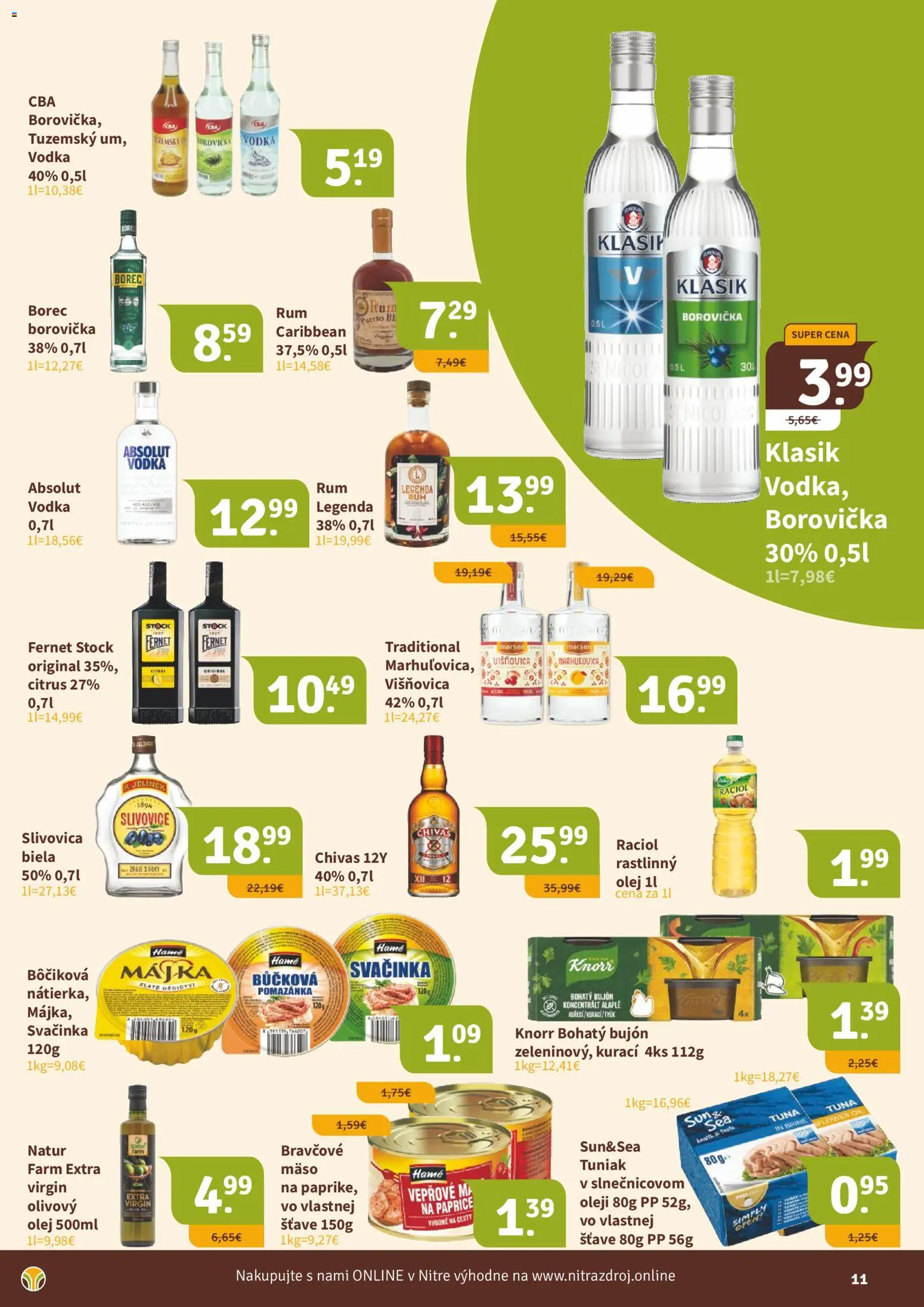 Nové Nitrazdroj akcie – leták je platný od 18.09.2026 | Strana: 11 | Produkty: Olej, Borovička, Mäso, Fernet