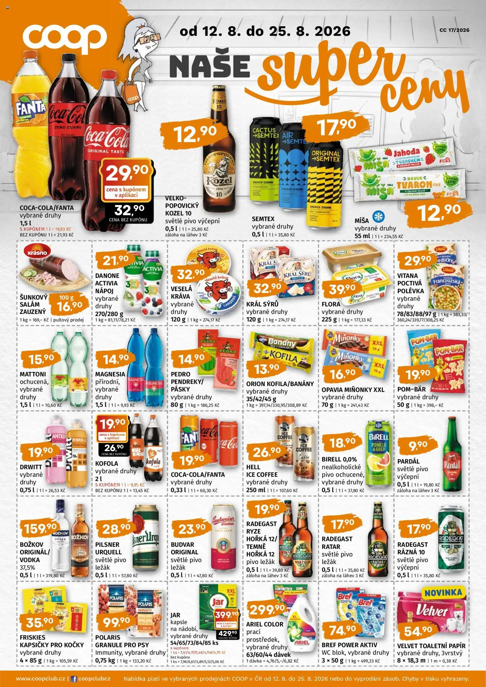 Coop leták - Super cena od 12.08.2026 | Strana: 1 | Produkty: Salám, Pivo, Fanta, Flora