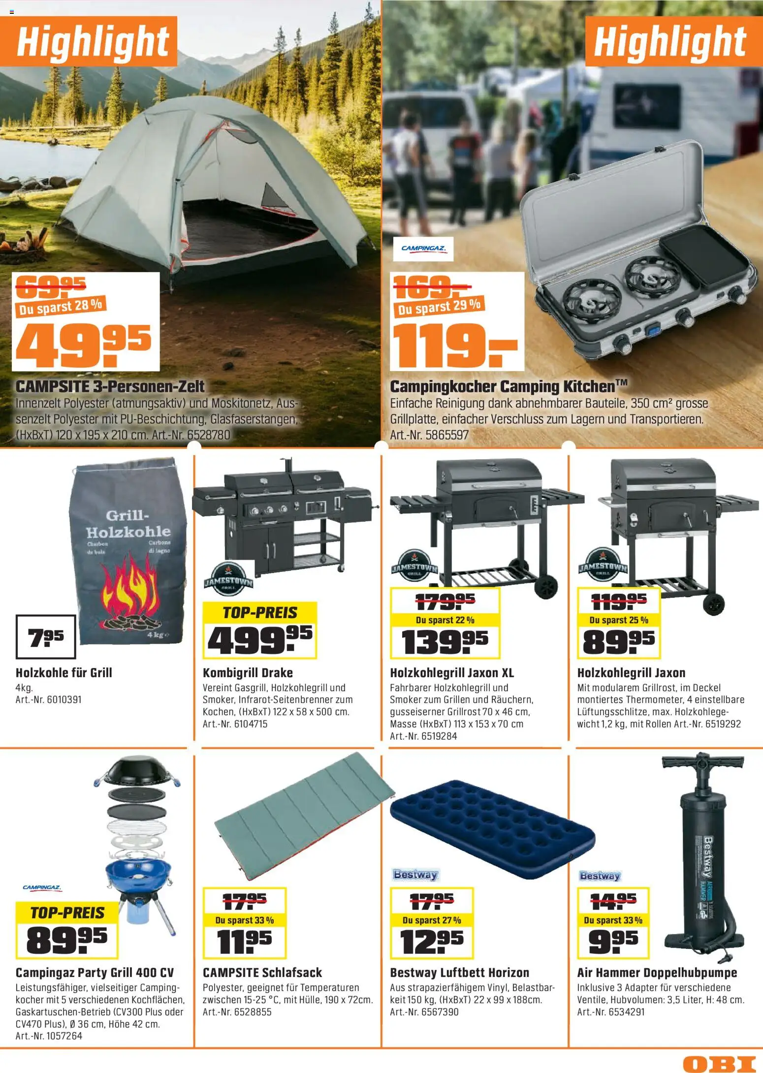 OBI - UNSERE SUPERDEALS! – gültig ab 07.07.2026 | Seite: 3 | Produkte: Kocher, Schlafsack, Adapter, Grill