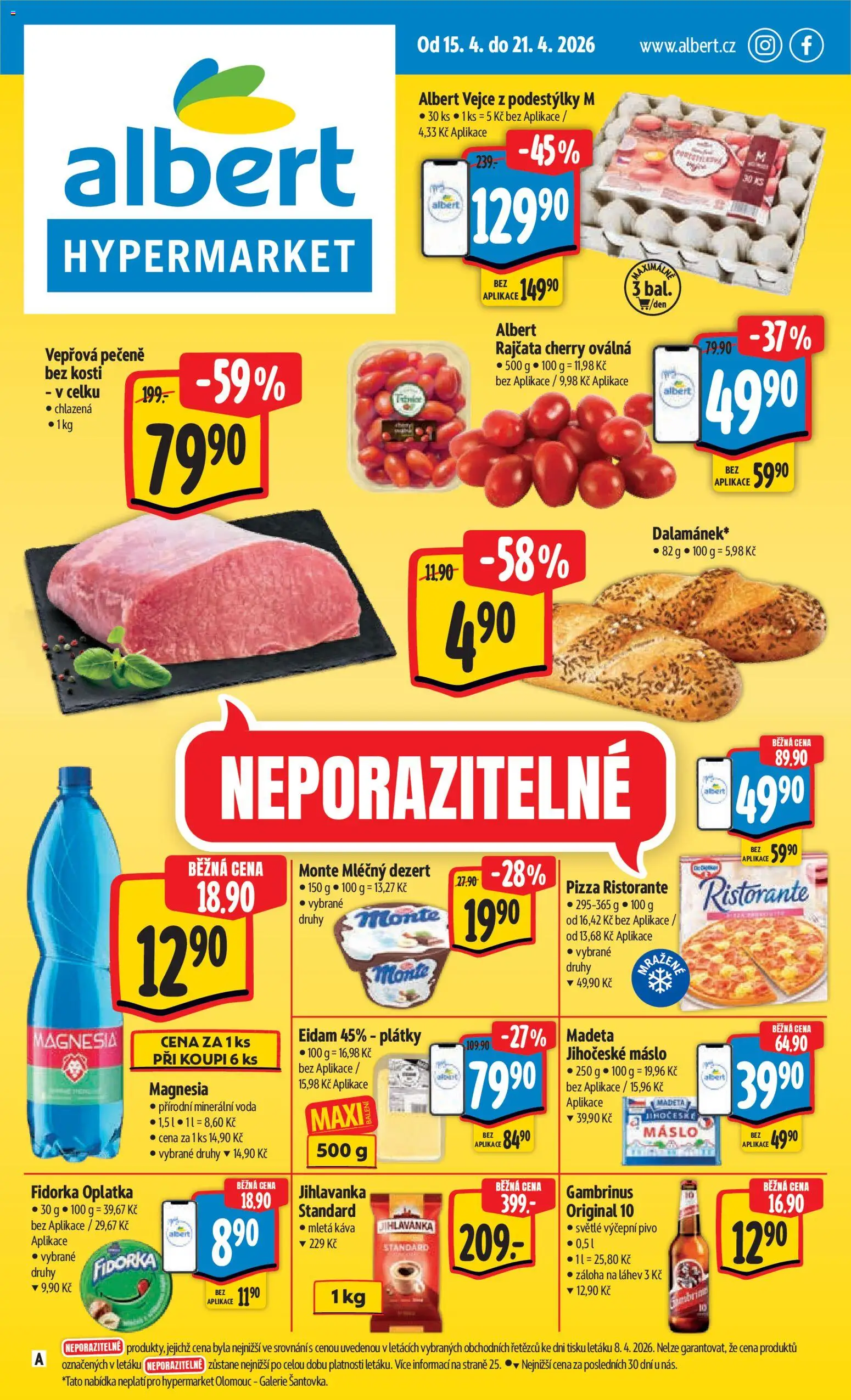 Albert leták - Hypermarket od 15.04.2026 | Strana: 1 | Produkty: Vepřová pečeně, Magnesia, Láhev, Jihočeské máslo