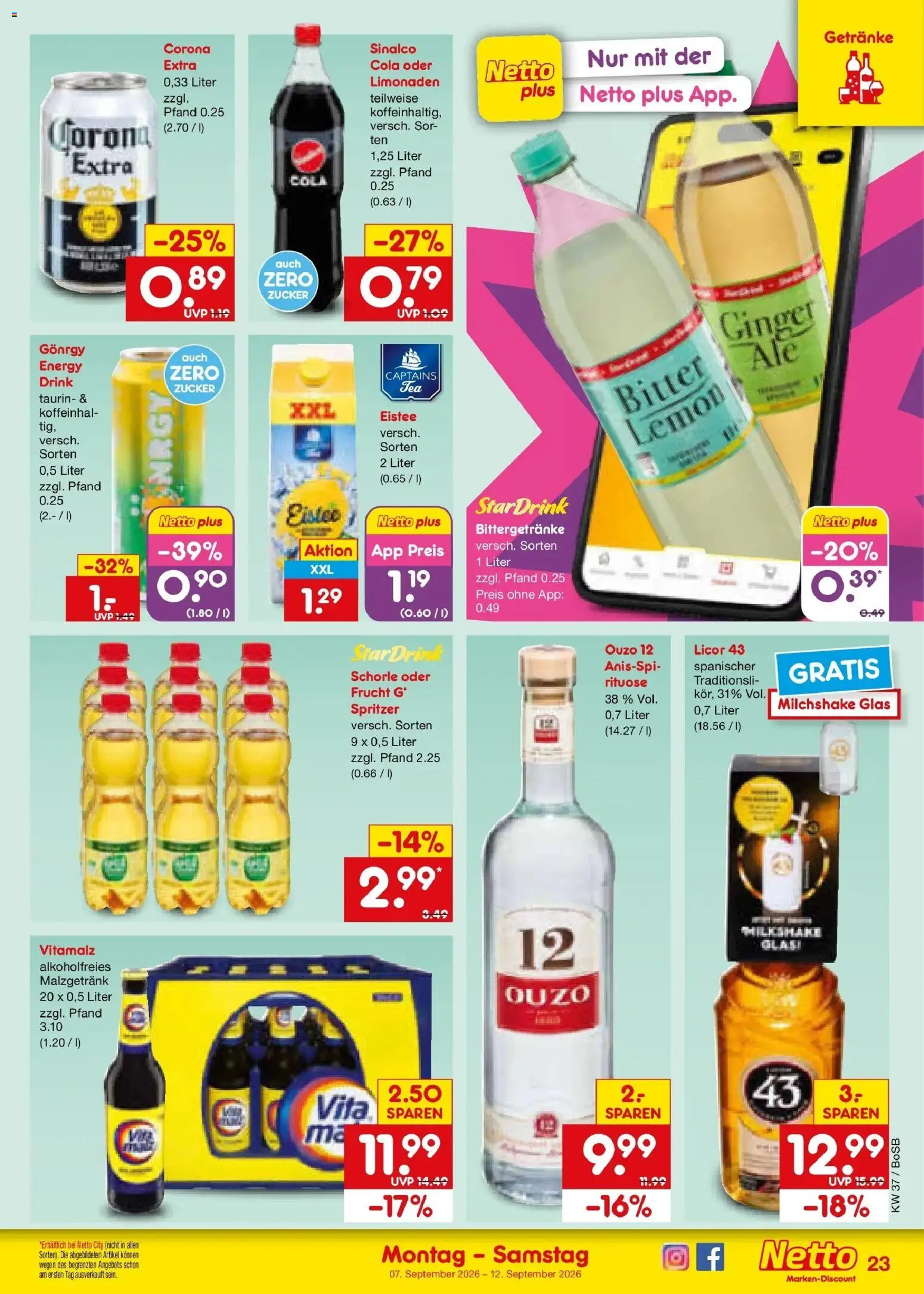 Netto Marken-Discount Prospekt Bochum – gültig ab 07.09.2026 | Seite: 33 | Produkte: Ouzo, Cola, Energy, Zucker