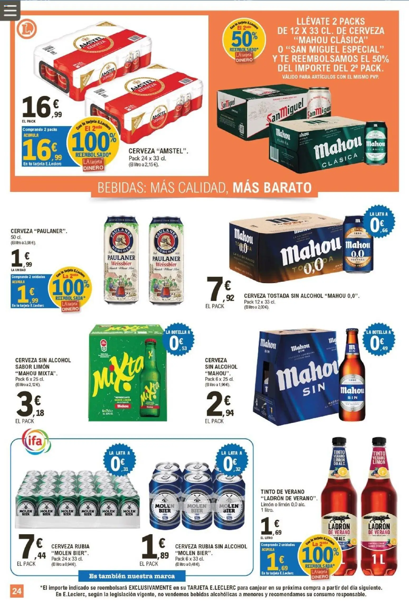 E.Leclerc Miranda de Ebro │ válido desde el 01/07/2026 | Página: 24 | Productos: Cerveza sin alcohol, Cerveza, Té, Horno