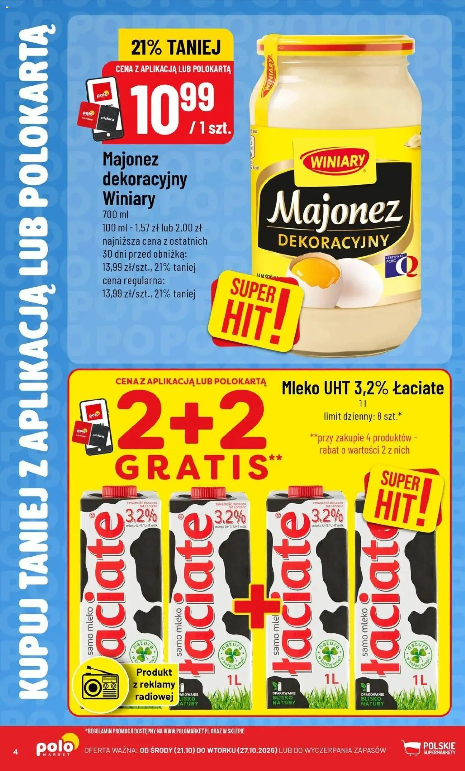 Nowa POLOmarket gazetka od jutra 21.10.2026 | Strona: 4 | Produkty: Mleko, Mleko UHT, Majonez