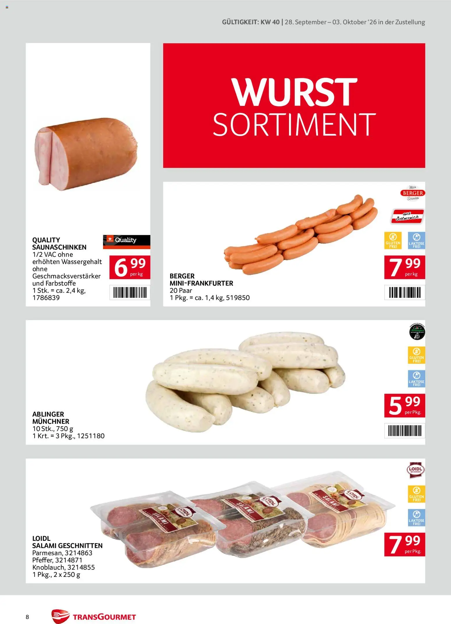 Transgourmet Zustellaktion gültig ab 28.09.2026 | Seite: 8 | Produkte: Wurst, Salami, Schinken