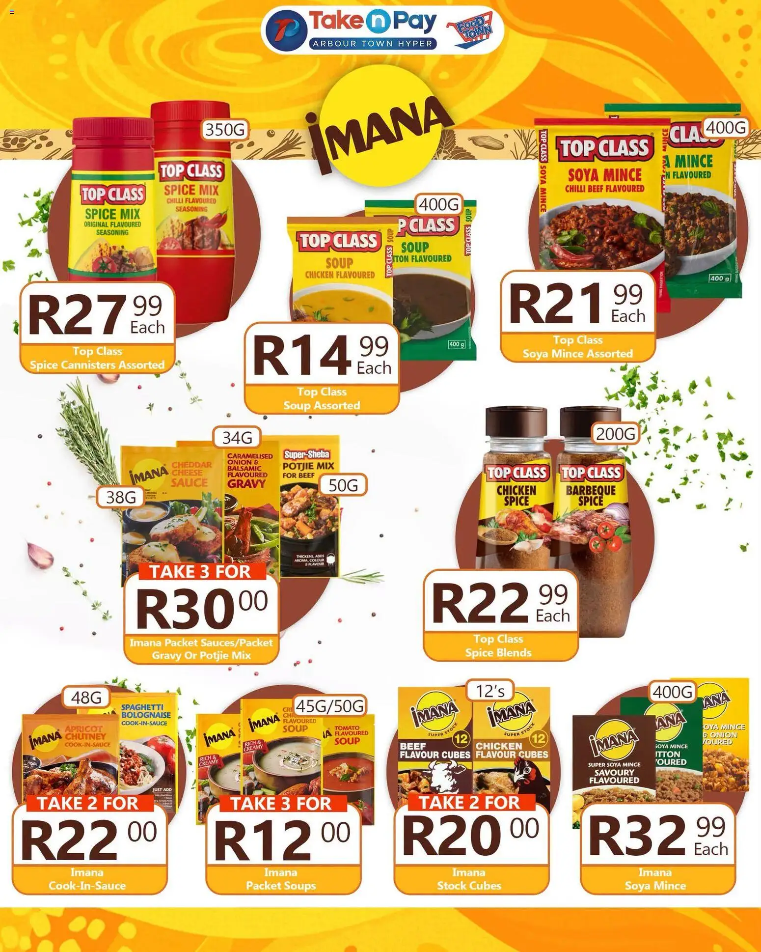 New Take n Pay catalogue – valid from 14/09/2026 | Page: 1 | Products: Seasoning, Soup, Soya mince, Sauce