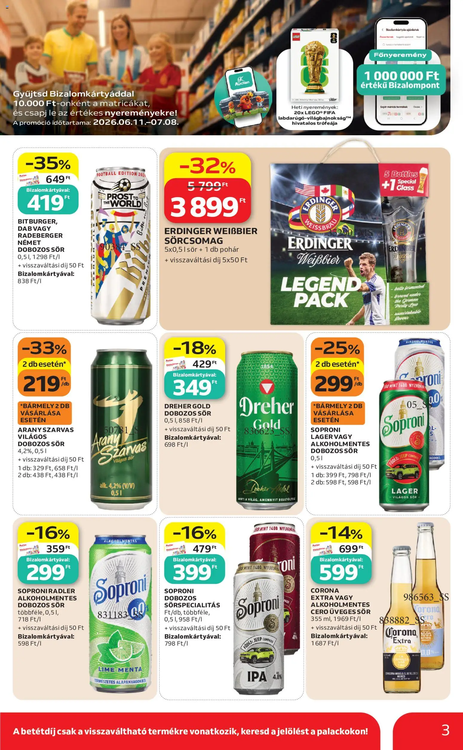 Auchan akciós ujság - amely érvényes a következő dátumtól: 11.06.2026 | Oldal: 3 | Termékek: Dobozos sör, Bor, Sör, Pohár