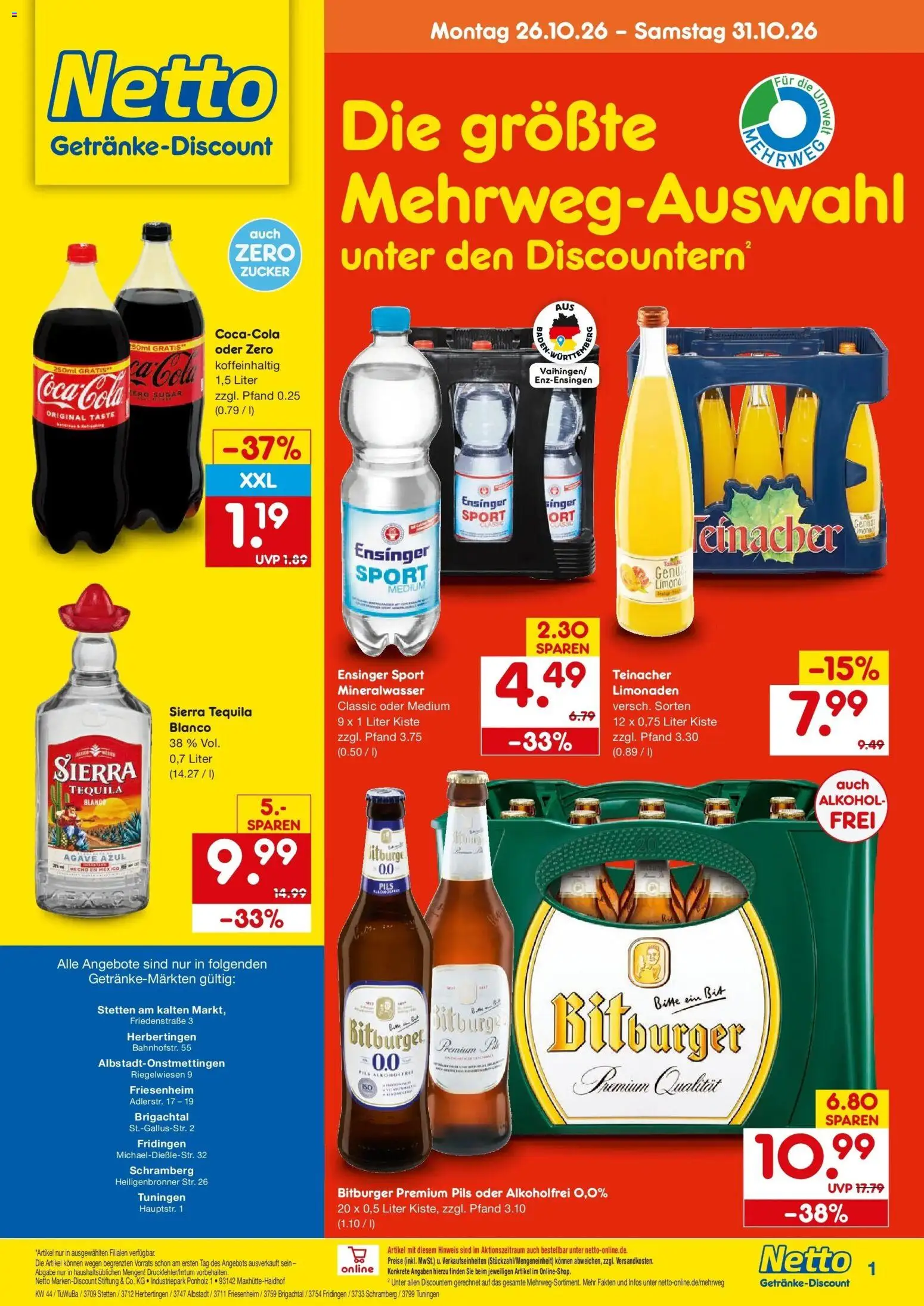 Netto Marken-Discount Prospekt Albstadt-Onstmettingen – gültig ab 26.10.2026 | Seite: 1 | Produkte: Bitburger, Pils, Mineralwasser, Zucker