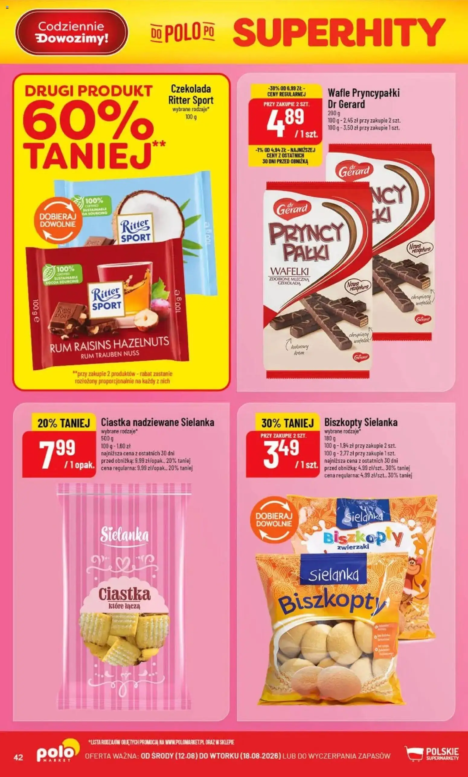 Nowa POLOmarket gazetka od jutra 12.08.2026 | Strona: 42 | Produkty: Wafle, Biszkopty, Czekolada, Ciastka