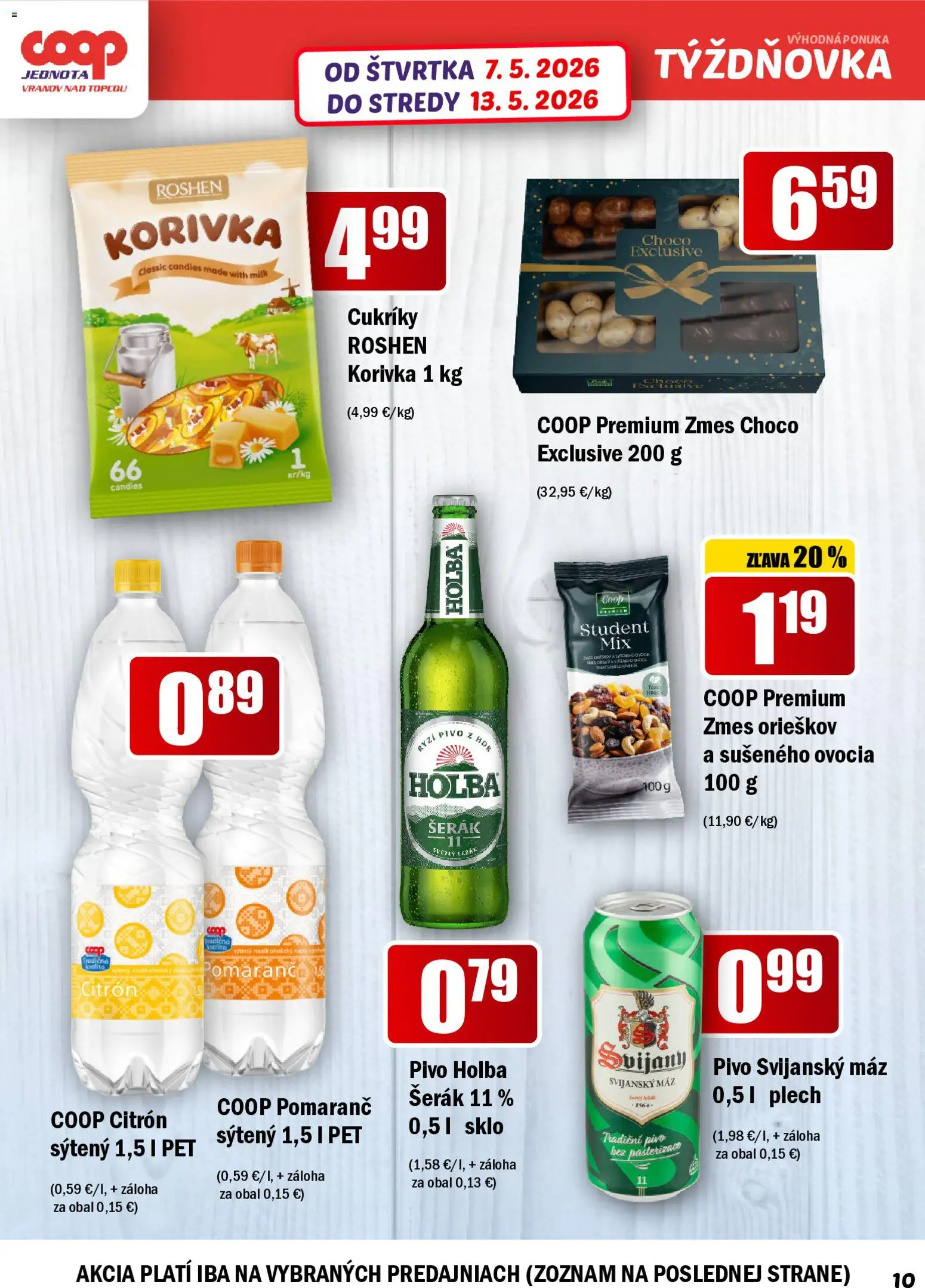 Nové COOP Jednota akcie – leták je platný od 07.05.2026 | Strana: 10 | Produkty: Pivo, Cukríky