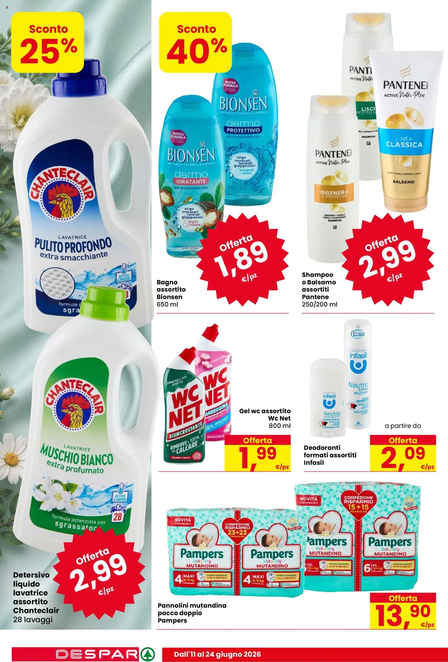 Volantino Despar del 11.06.2026 | Pagina: 14 | Prodotti: Shampoo, Pannolini, Lavatrice, Bagno