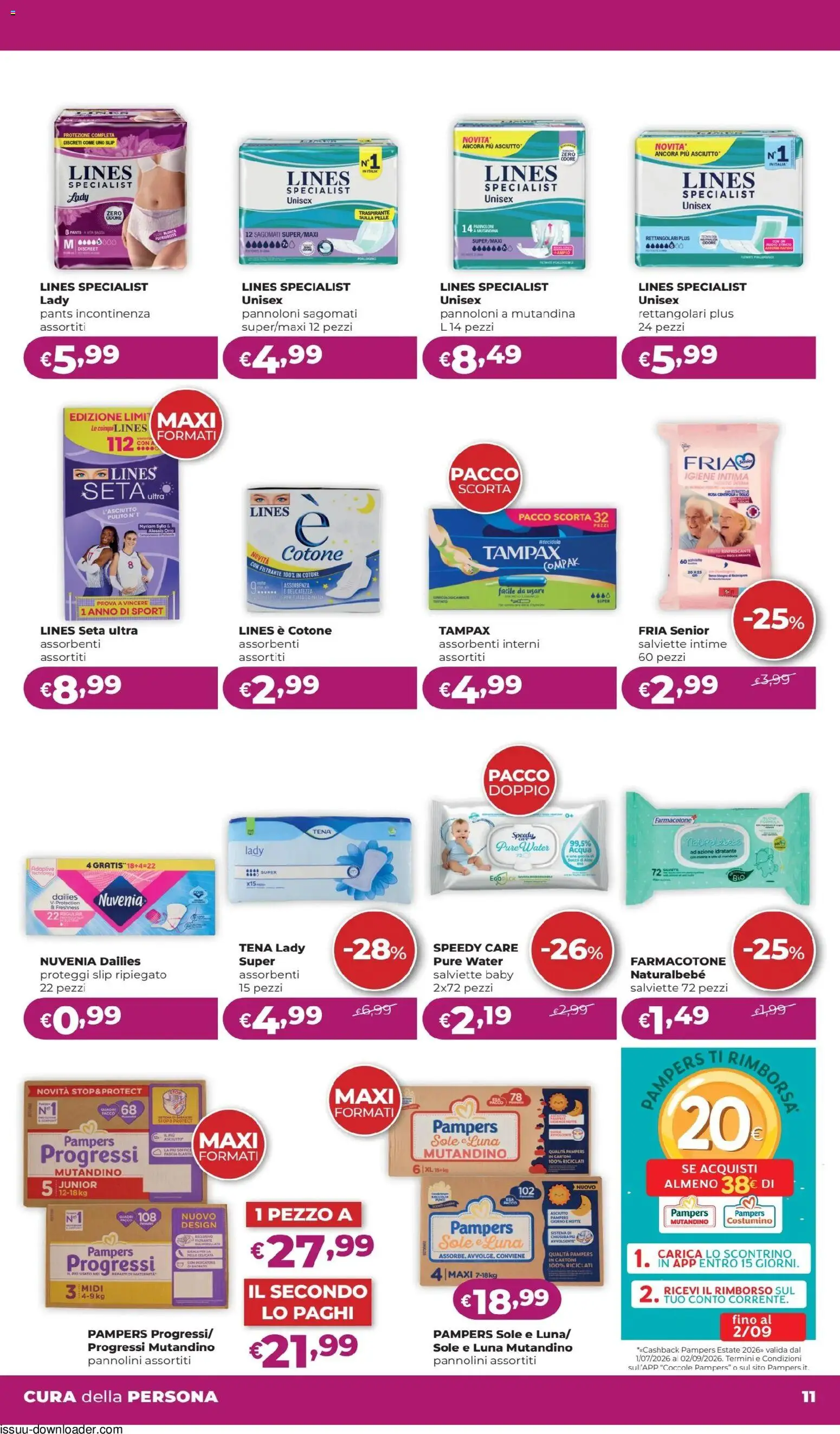 Volantino La Saponeria del 23/07/2026 | Pagina: 11 | Prodotti: Succo, Slip, Acqua, Pampers