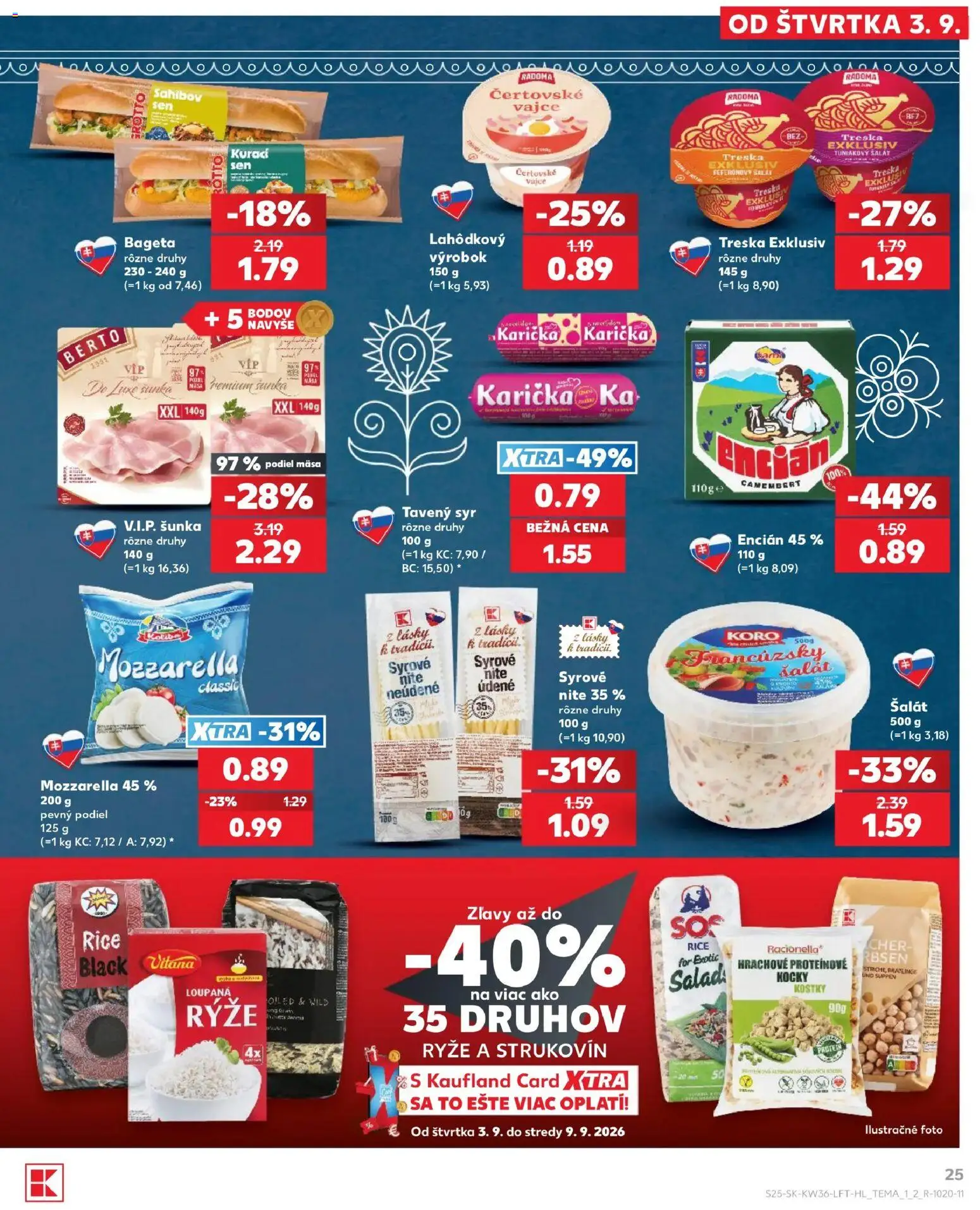 Nové Kaufland akcie – leták je platný od 03.09.2026 | Strana: 25 | Produkty: Syr, Mozzarella, Bageta, Encián