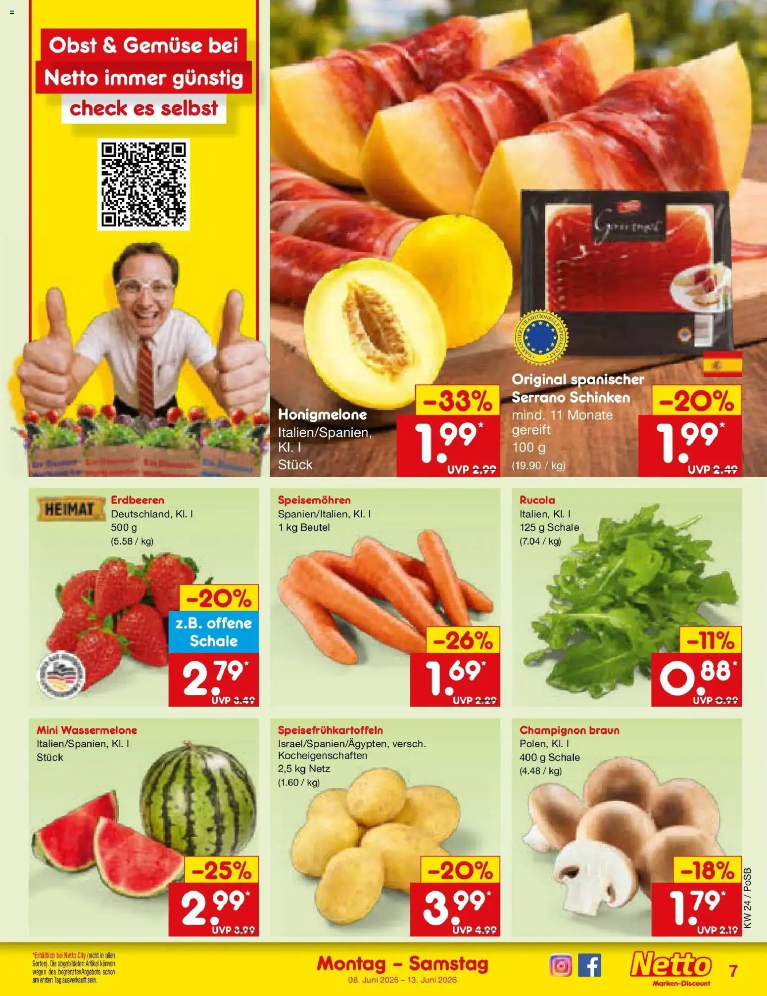 Netto Marken-Discount Prospekt Selb – gültig ab 08.06.2026 | Seite: 11 | Produkte: Honigmelone, Obst, Serrano schinken, Erdbeeren
