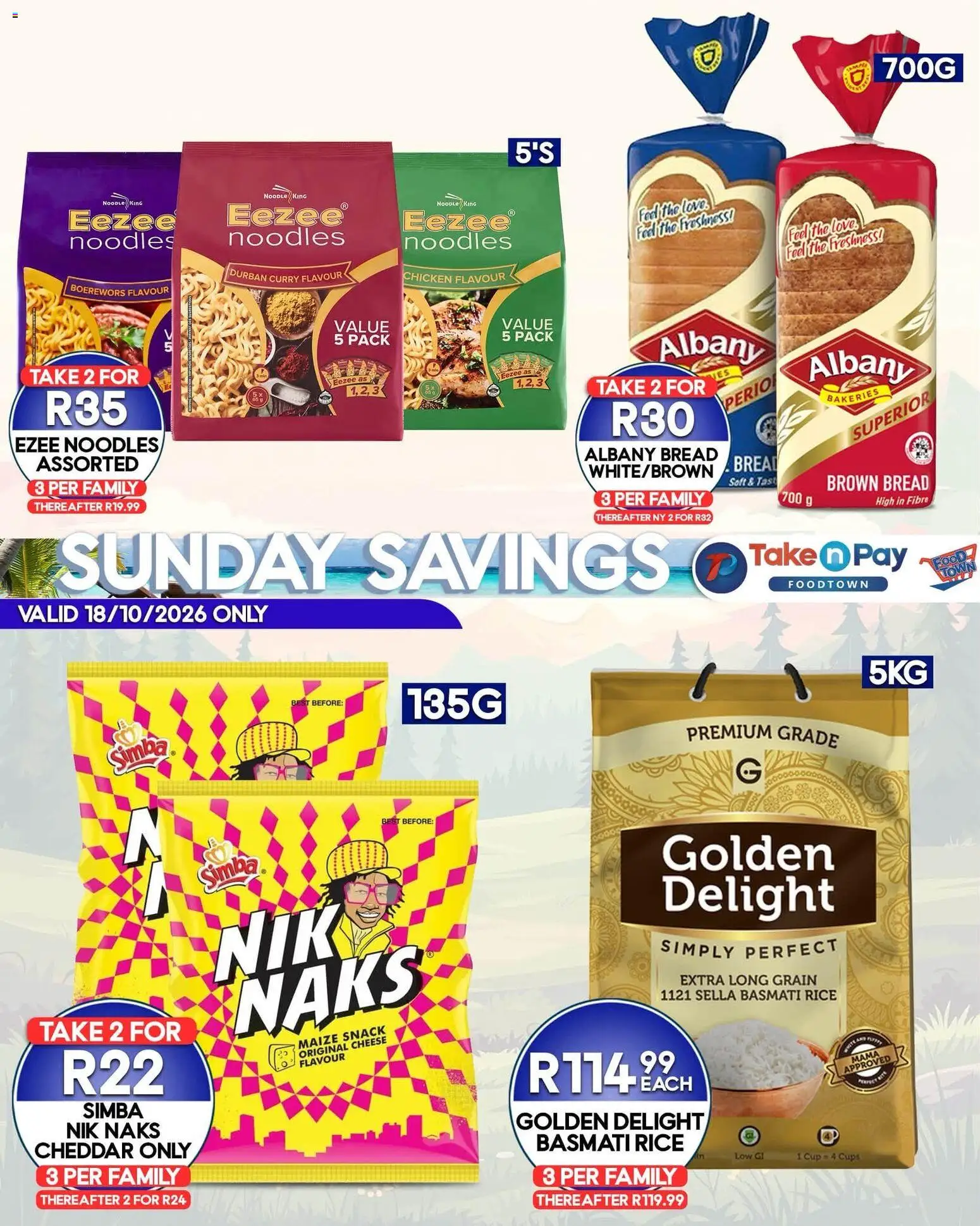 New Take n Pay catalogue – valid from 18/10/2026 | Page: 2 | Products: Bread, Chicken, Rice, Noodles