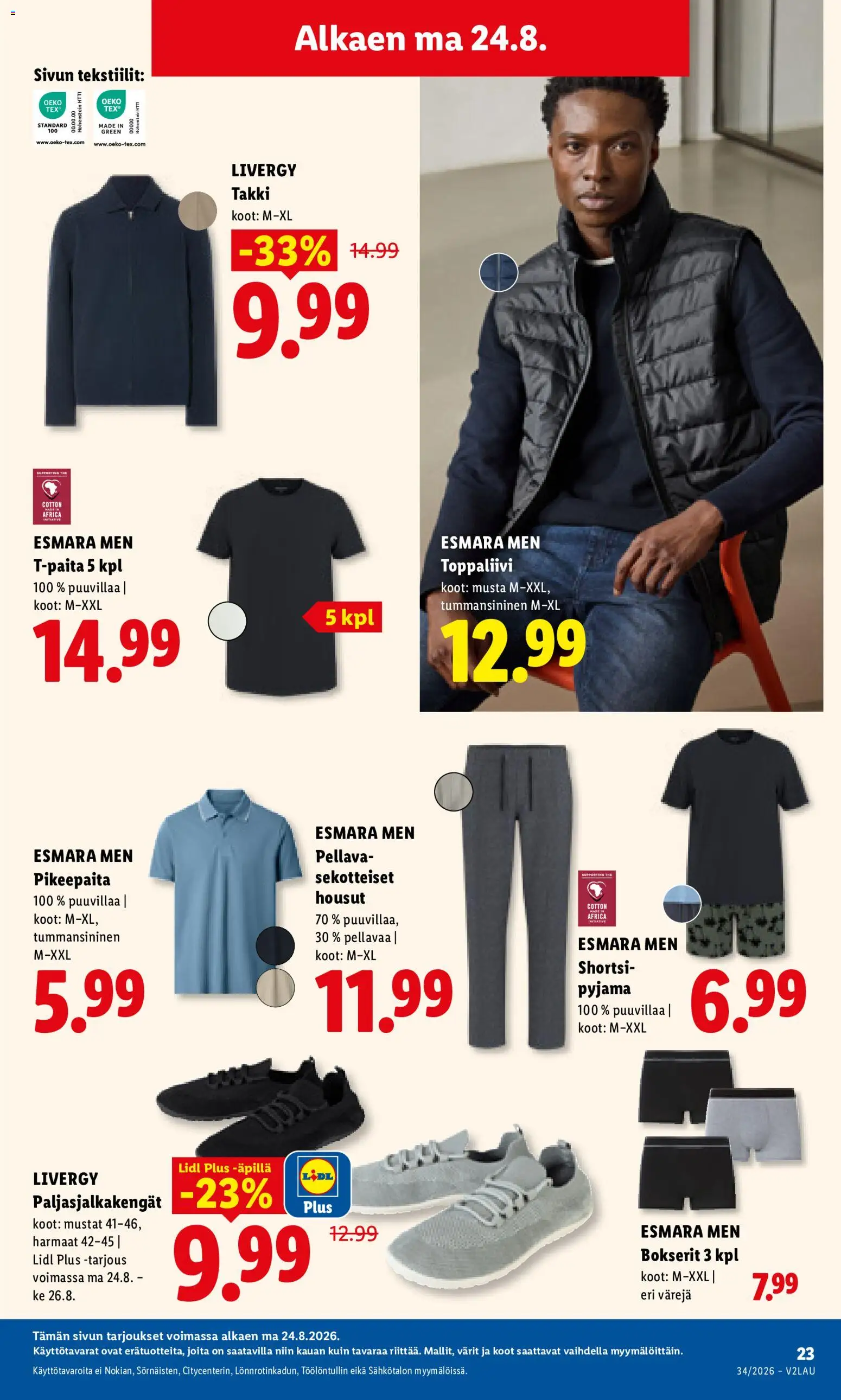 Lidl tarjoukset – voimassa 24/08/2026 alkaen | Sivu: 17 | Tuotteet: Paljasjalkakengät, T-paita, Housut, Bokserit