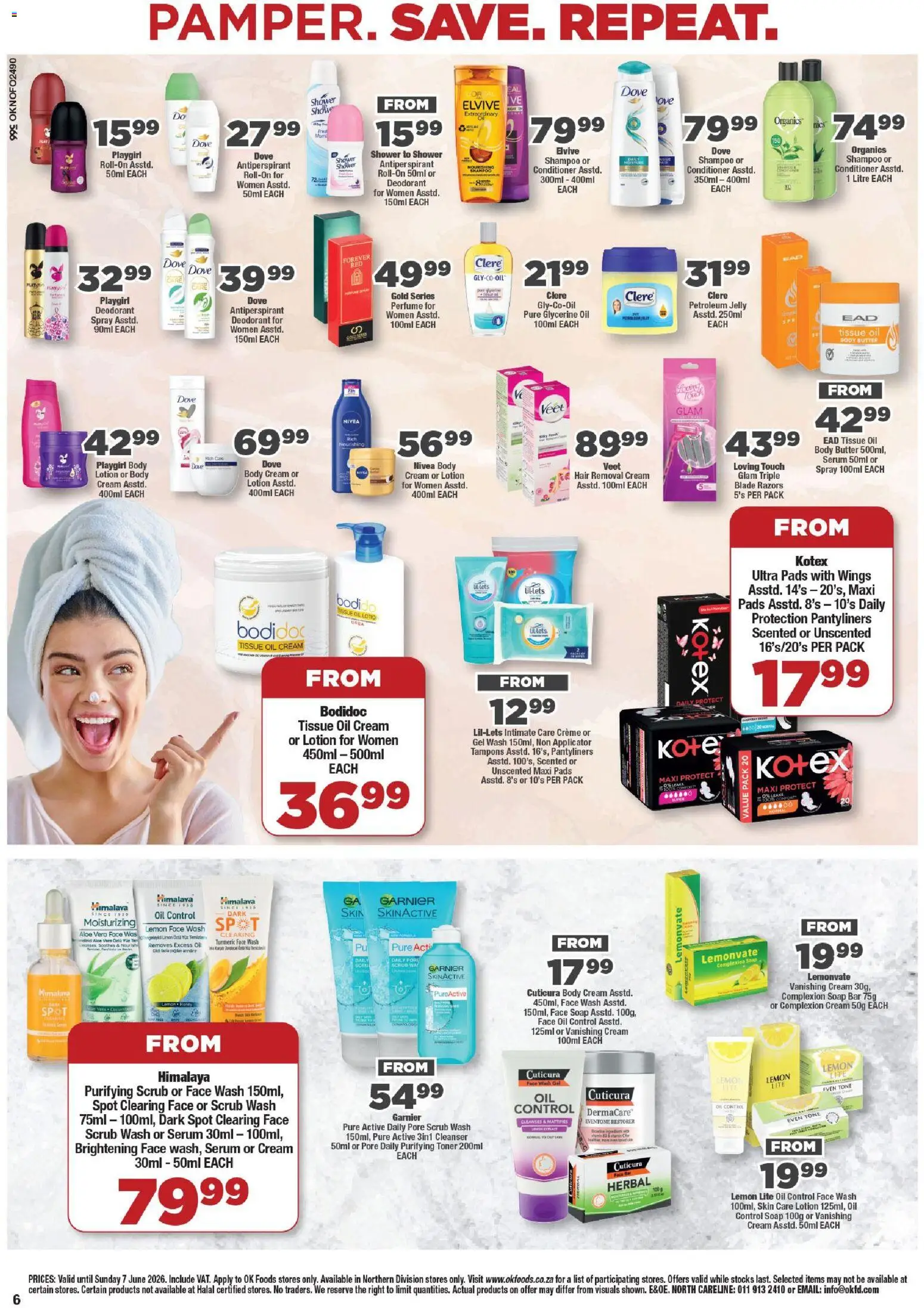 New OK Foods catalogue – valid from 25.05.2026 | Page: 6 | Products: Pads, Perfume, Razors, Lotion