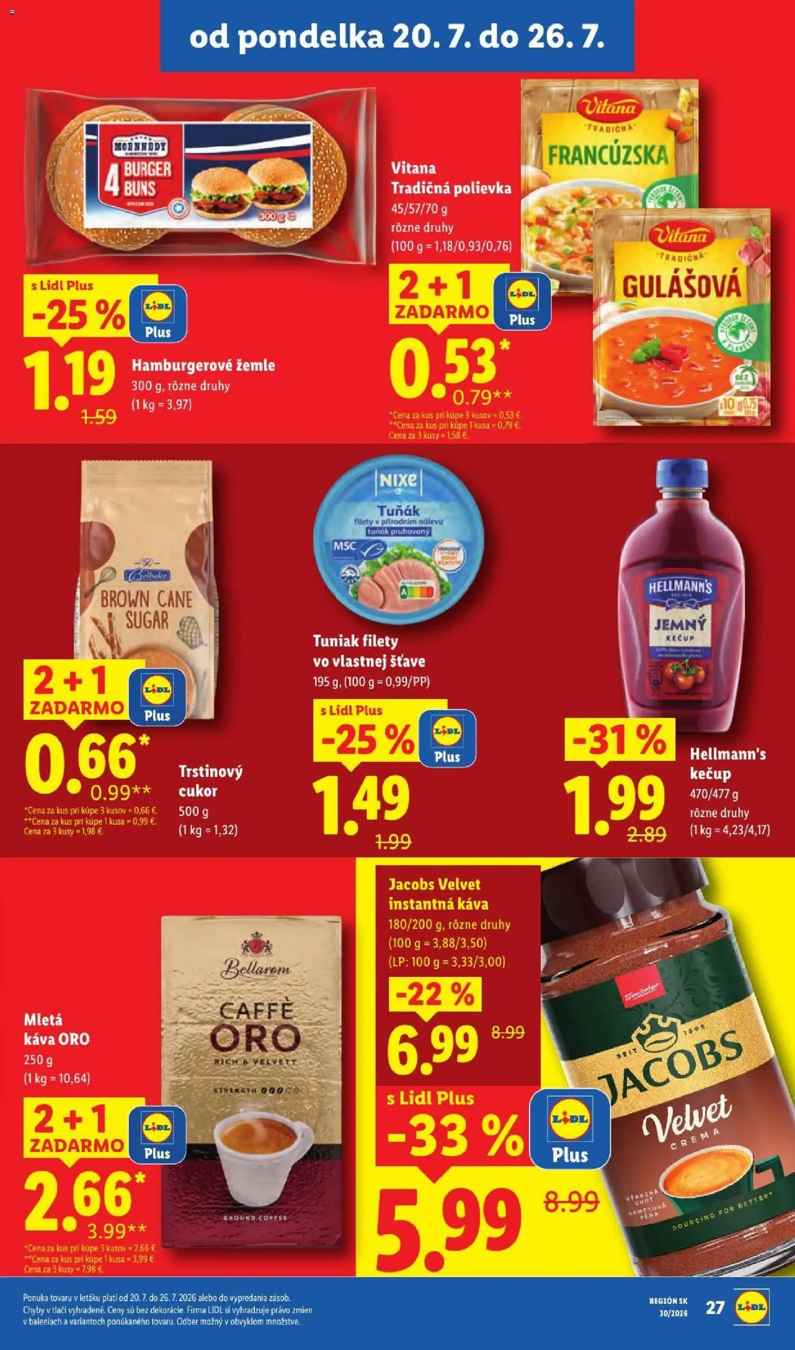 Nové Lidl akcie – leták je platný od 20.07.2026 | Strana: 43 | Produkty: Jacobs Velvet, Tuniak, Hamburgerové žemle, Trstinový cukor