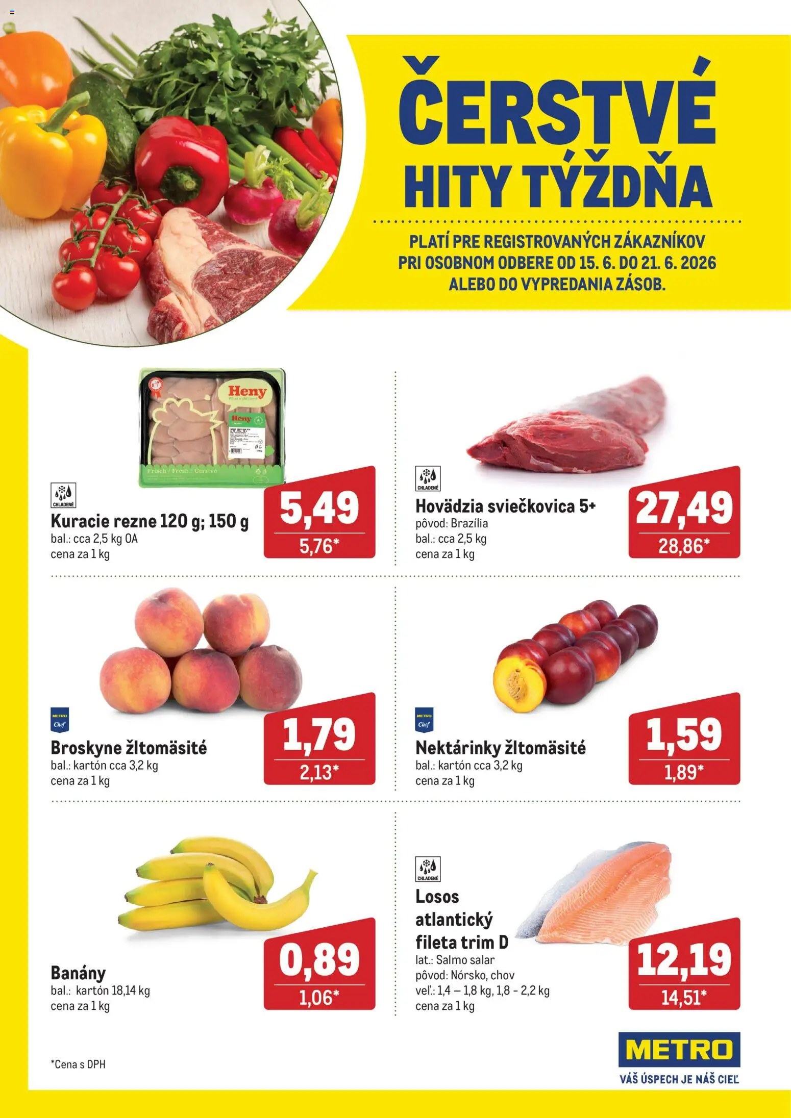 Nové Metro akcie – leták je platný od 15.06.2026 | Strana: 1 | Produkty: Banány, Kuracie rezne, Losos, Broskyne
