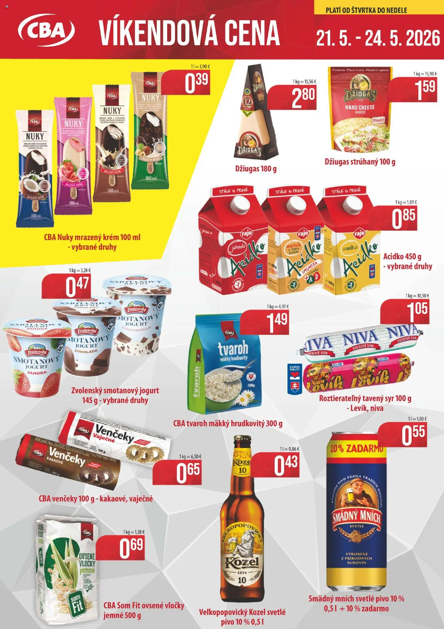 Nové CBA Komfos akcie – leták je platný od 21.05.2026 | Strana: 1 | Produkty: Syr, Jogurt, Smädný Mních, Acidko