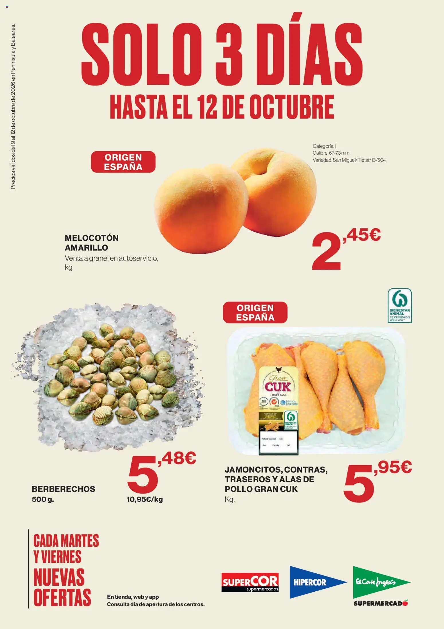 Hipercor Solo 3 días │ válido desde el 09/10/2026 | Página: 1 | Productos: Berberechos, Pollo
