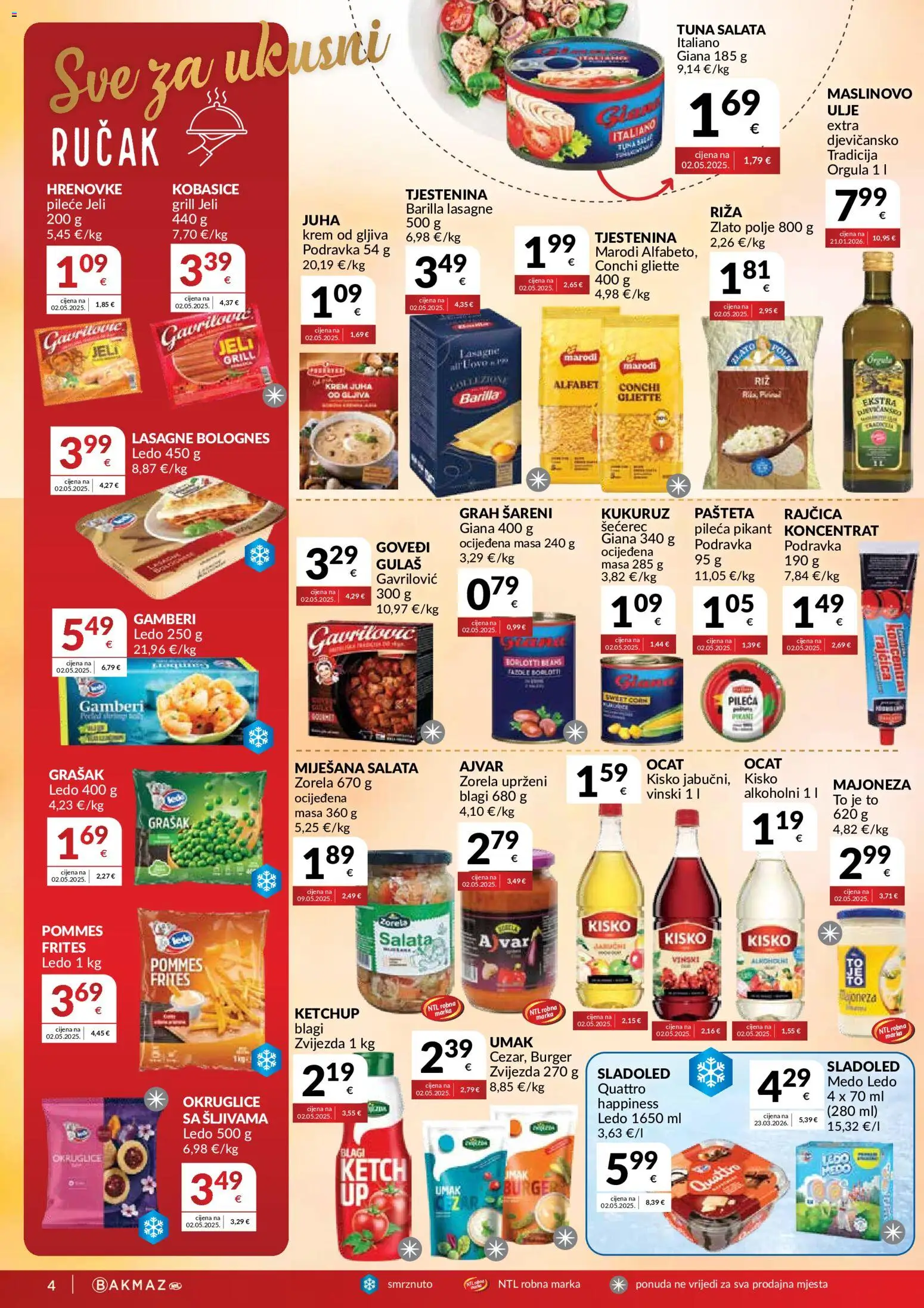Bakmaz katalog | vrijedi od 08.07.2026 | Stranica: 4 | Proizvodi: Gamberi, Hrenovke, Tjestenina, Rajčica