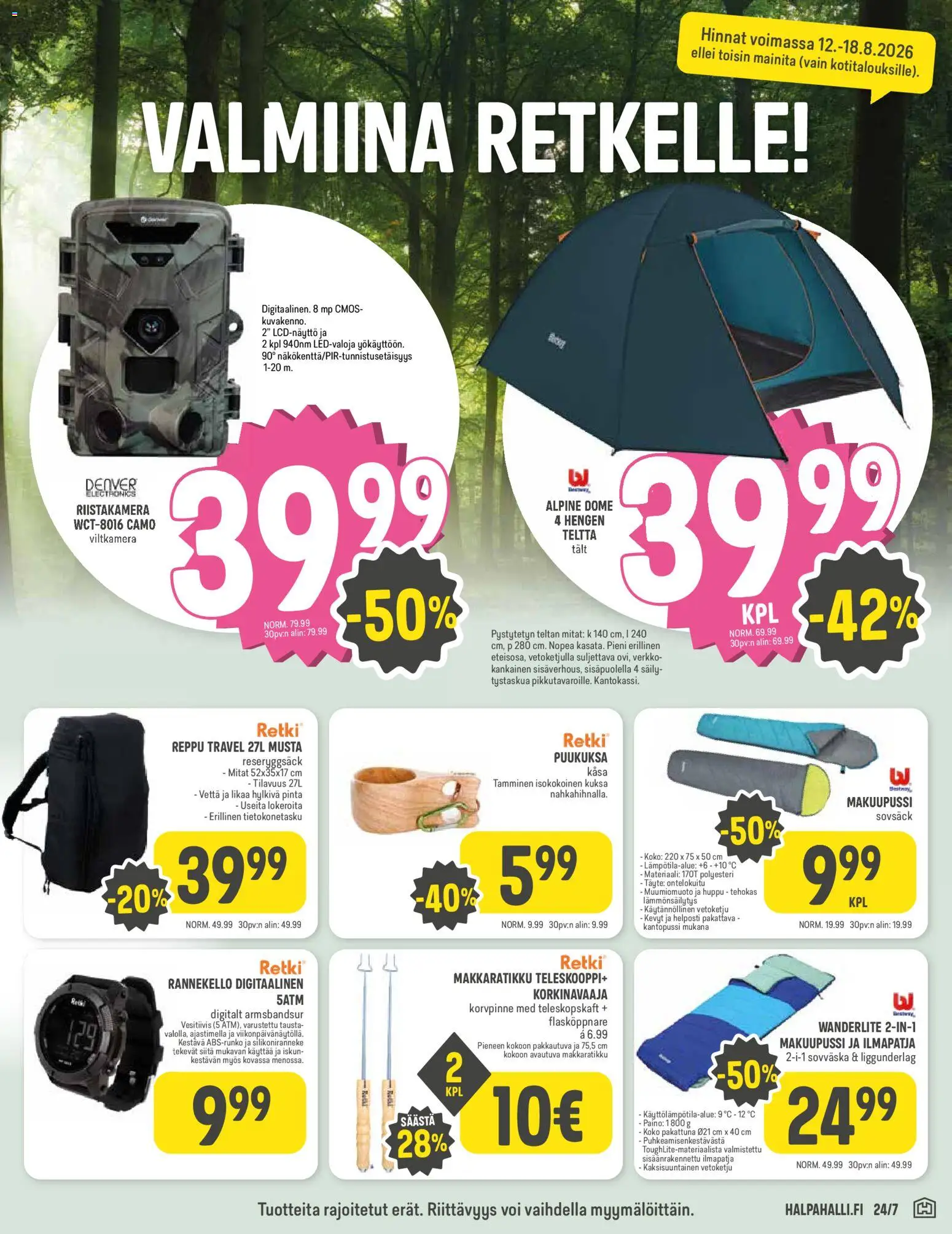 Halpa Halli tarjoukset – voimassa 12/08/2026 alkaen | Sivu: 7 | Tuotteet: Puukuksa, Ilmapatja, Makuupussi, Voi