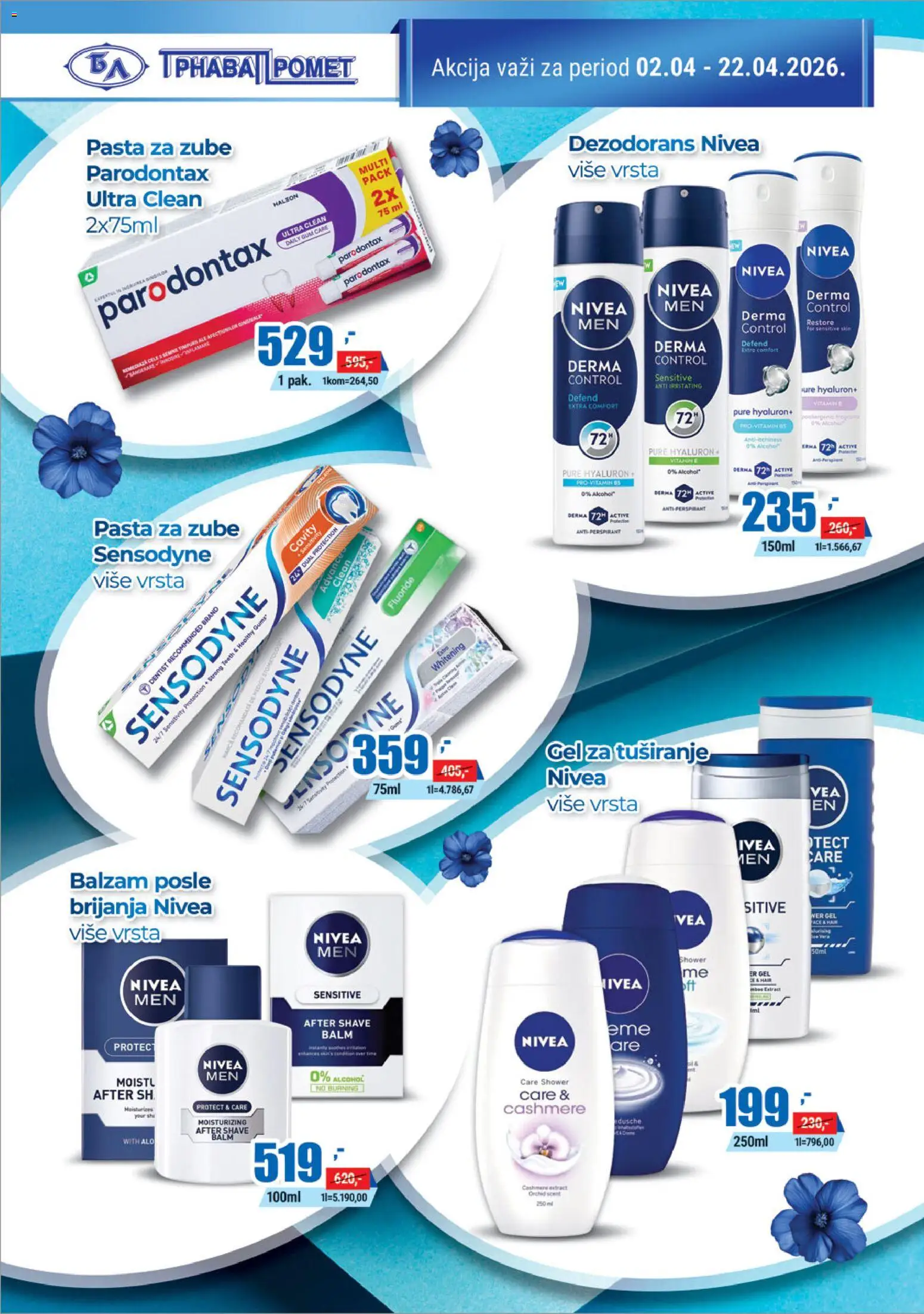 Trnava Promet katalog - važi od 02.04.2026 | Strana: 24 | Proizvode: Nivea Men, Gel za tuširanje, Dezodorans, Parodontax