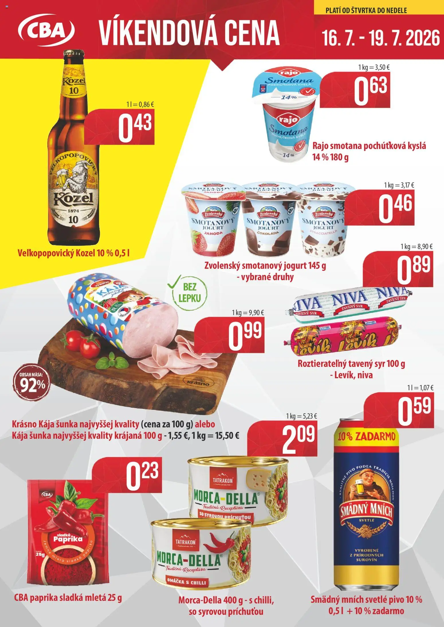 Nové CBA Verex akcie – leták je platný od 16.07.2026 | Strana: 1 | Produkty: Paprika, Pivo, Šunka, Smädný Mních