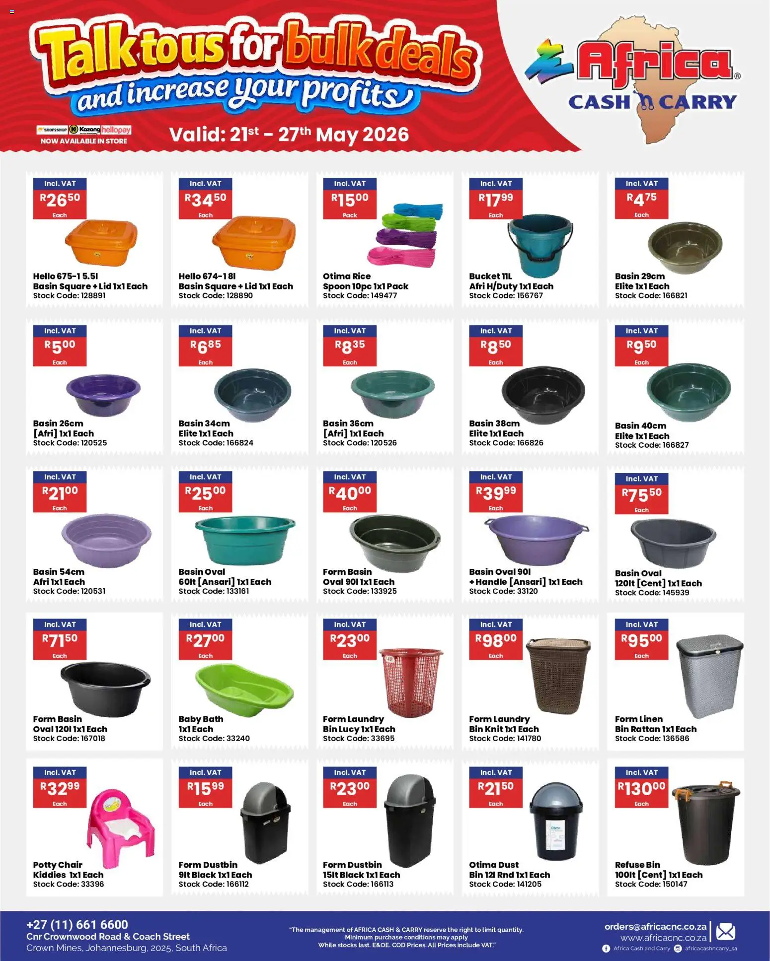 New Africa Cash & Carry catalogue – valid from 21.05.2026 | Page: 46 | Products: Chair, Bath, Rice, Basin