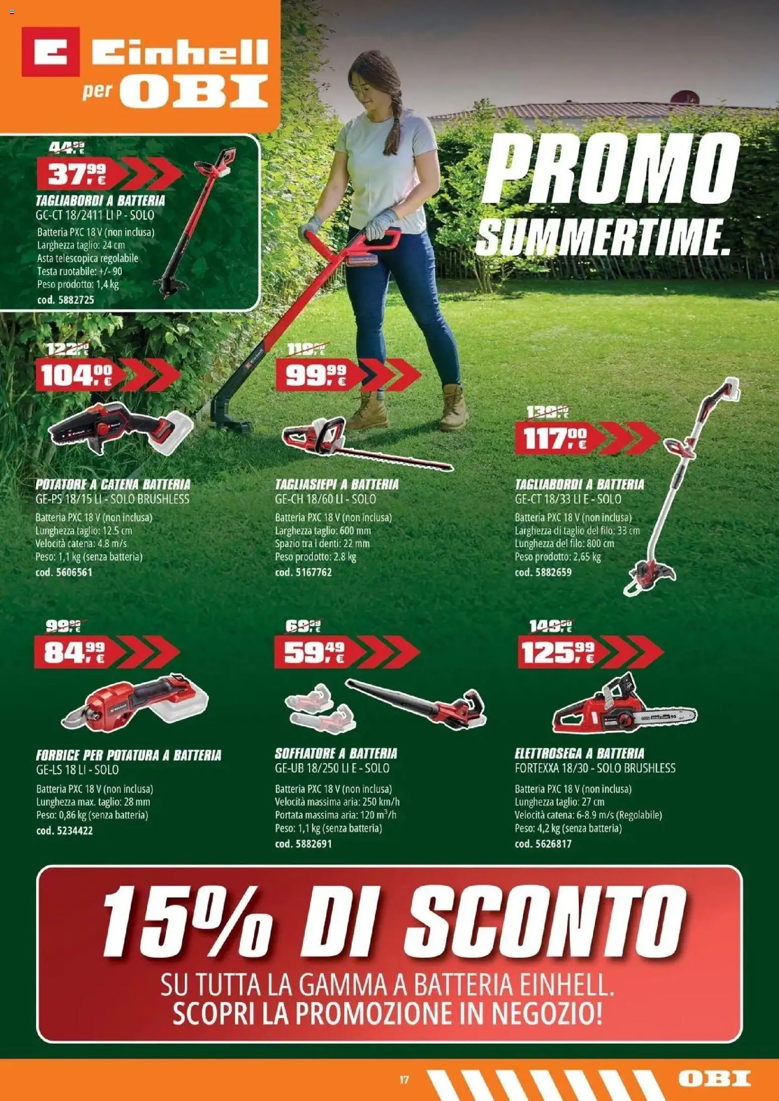 Volantino OBI del 30/07/2026 | Pagina: 17 | Prodotti: Taglio, Tagliasiepi, Tagliabordi a batteria, Batteria