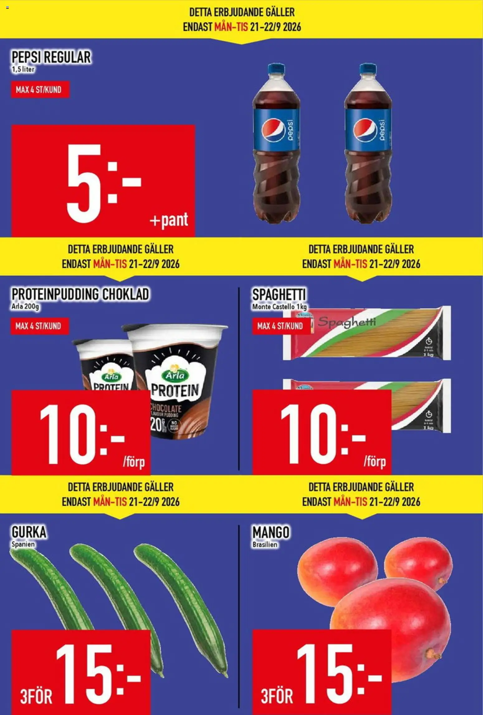 Matdax reklamblad aktuell från 21/09/2026 | Sida: 2 | Produkter: Pepsi, Choklad, Spaghetti, Mango
