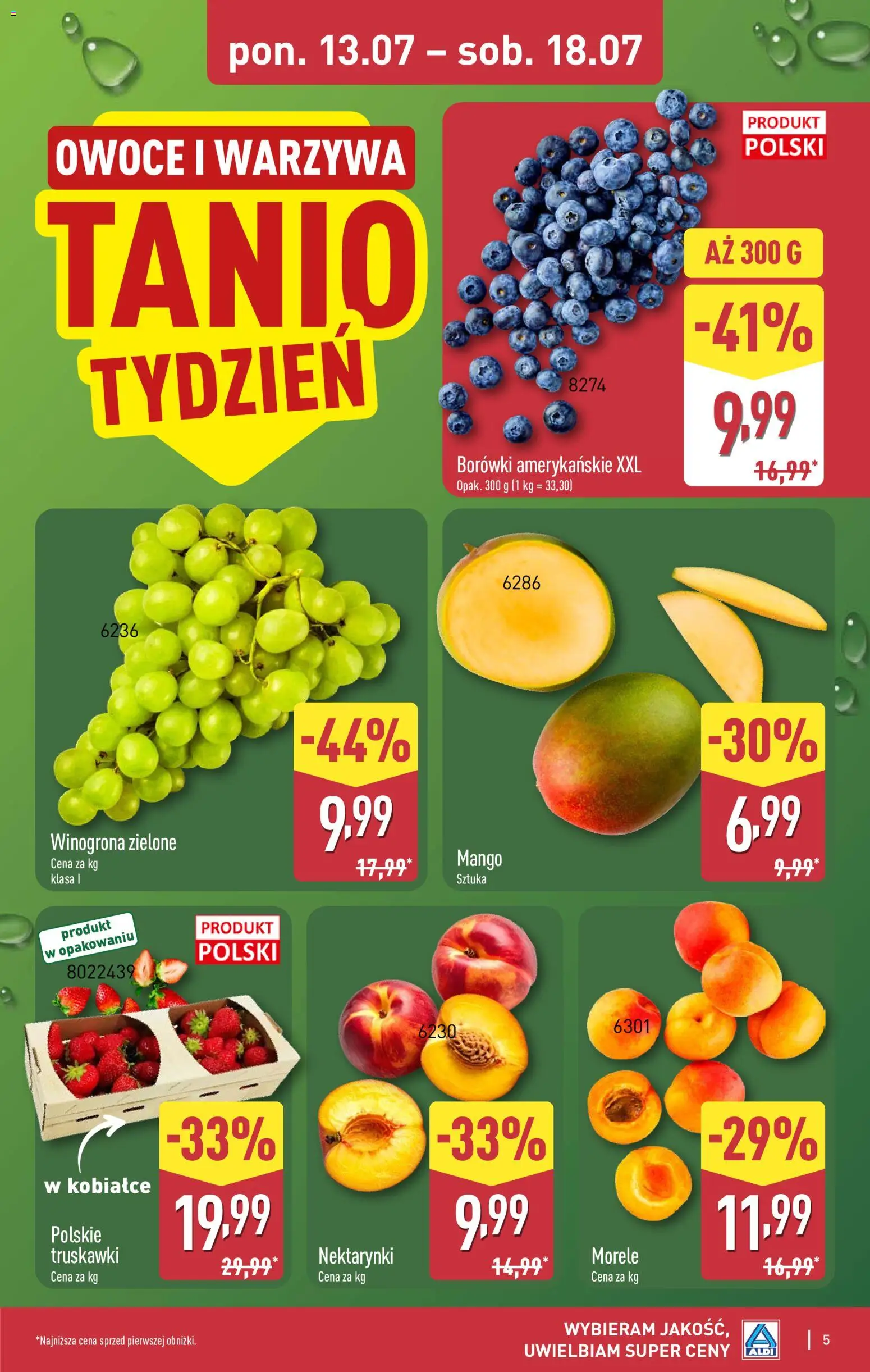 Aldi gazetka od 13.07.2026 | Strona: 5 | Produkty: Winogrona, Morele, Truskawki, Warzywa