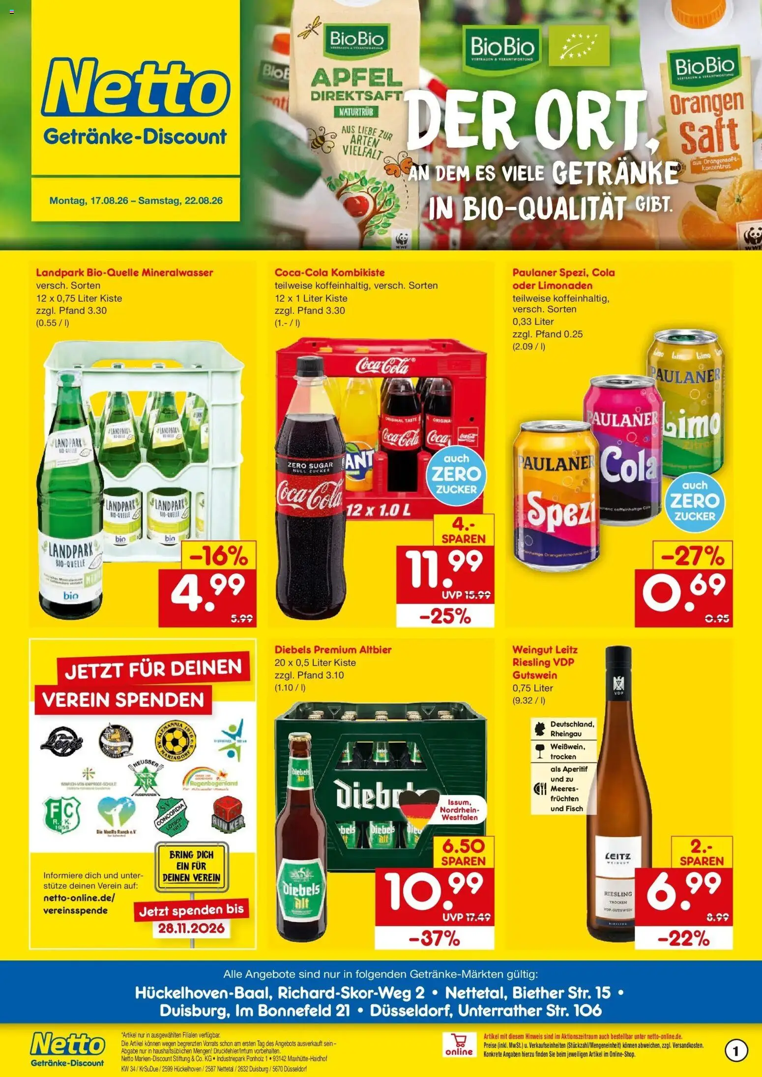 Netto Marken-Discount Prospekt Hückelhoven-Baal – gültig ab 17.08.2026 | Seite: 1 | Produkte: Coca cola, Cola, Zucker, Diebels