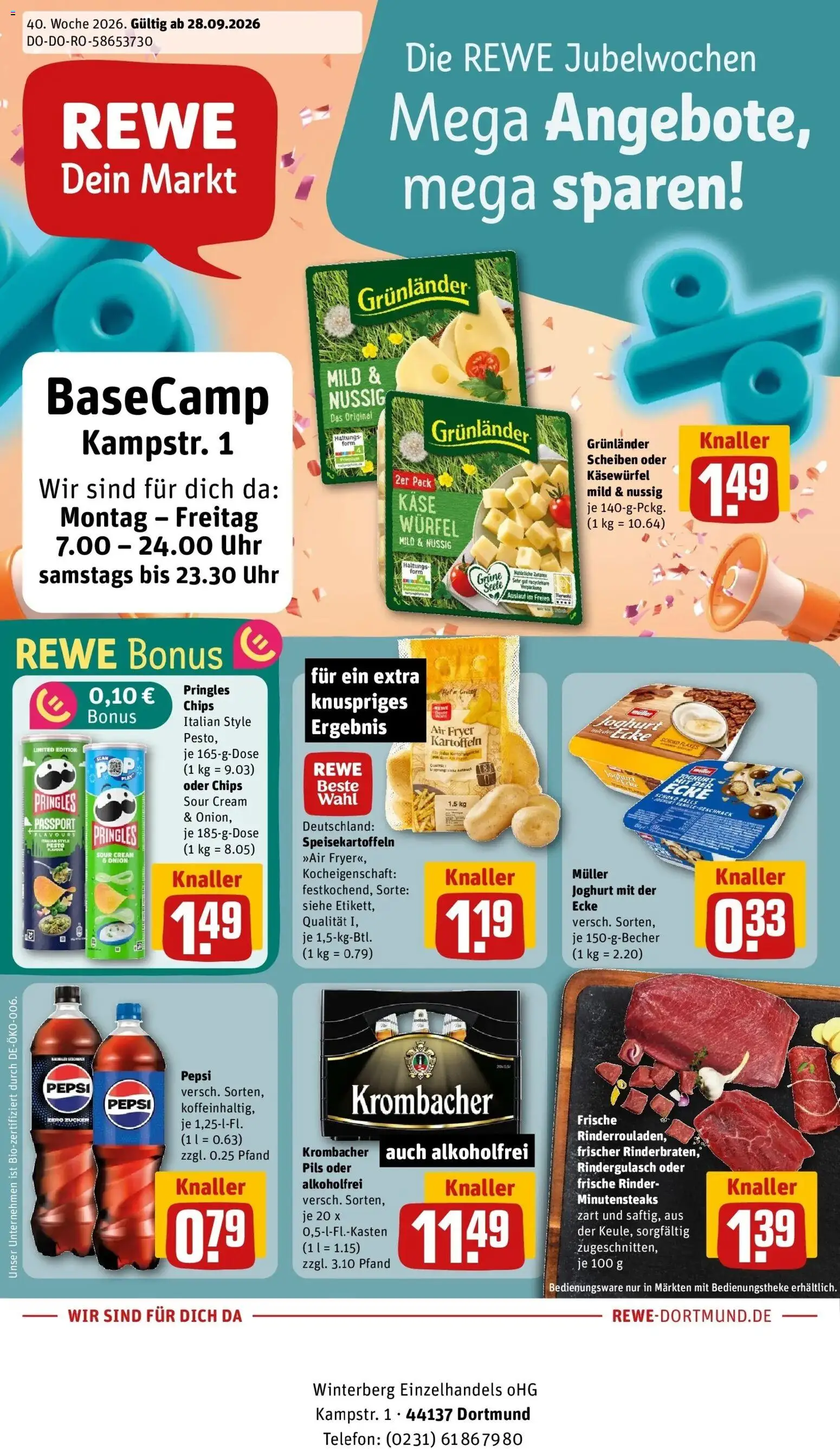REWE Prospekt ab 28.09.2026 zum Blättern » Angebote | Seite: 1 | Produkte: Kartoffeln, Krombacher, Chips, Telefon