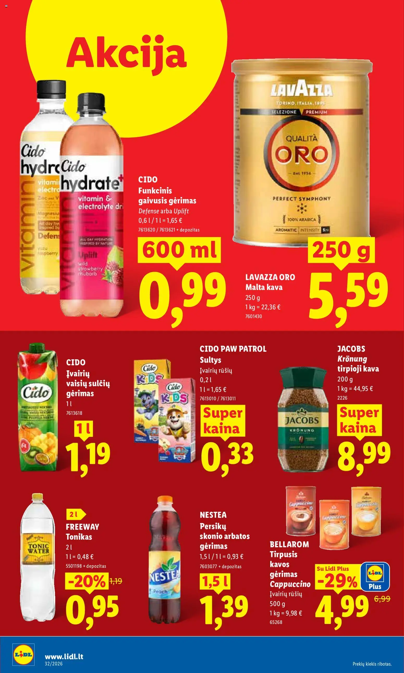 LIDL akcijos nuo 2026.08.03 | Puslapis: 38 | Prekių: Gaivusis gėrimas, Tonikas, Tirpioji kava, Sultys
