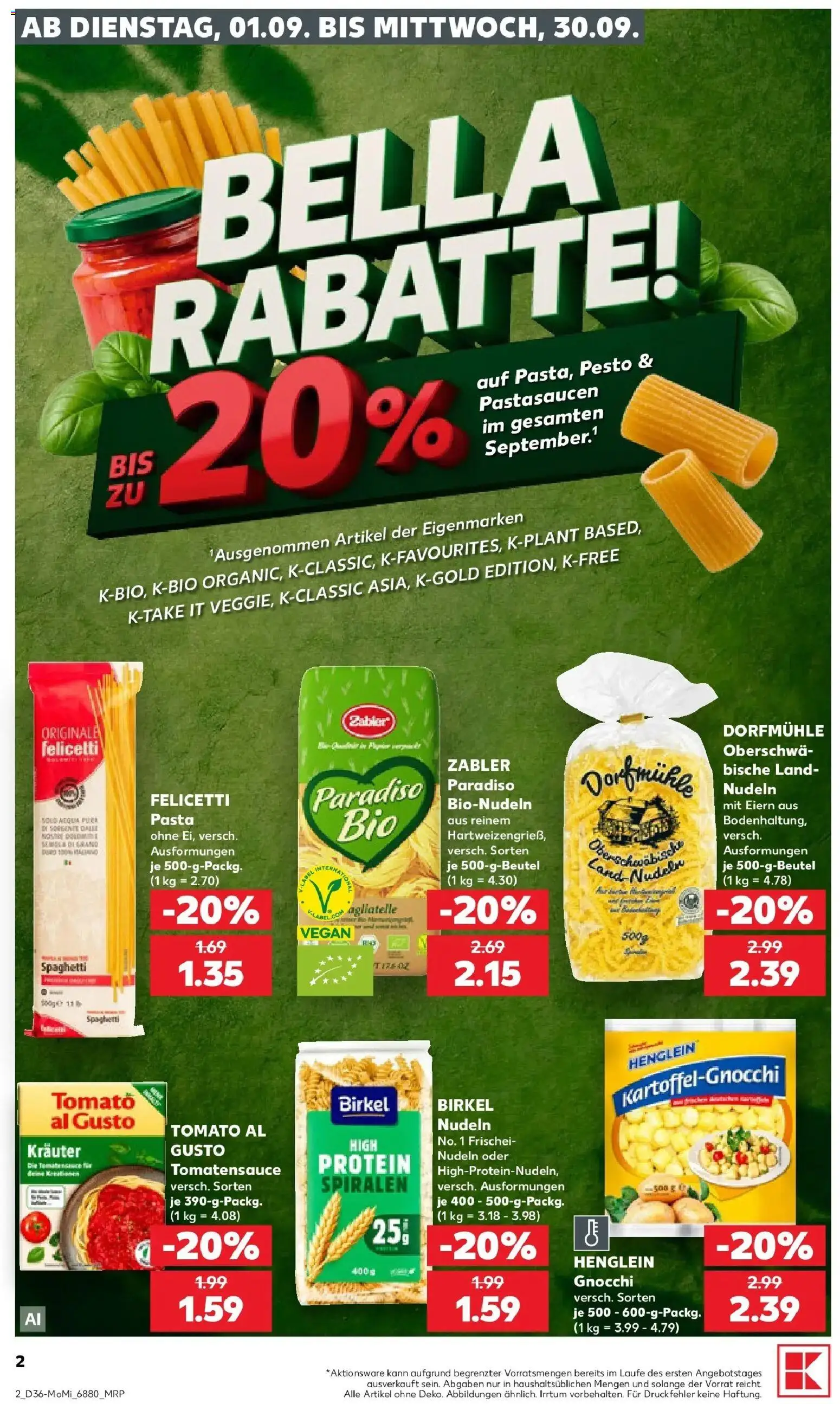 Prospekt Kaufland ab 31.08.2026 » Angebote Online zum Blättern | Seite: 2 | Produkte: Gnocchi, Spaghetti, Pasta, Nudeln