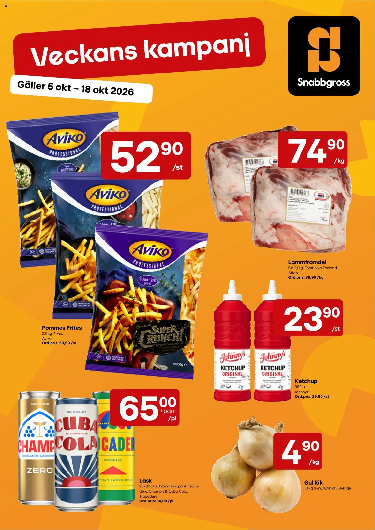 Snabbgross reklamblad aktuell från 05/10/2026 | Sida: 1 | Produkter: Galler, Gul lök, Pommes frites, Ketchup