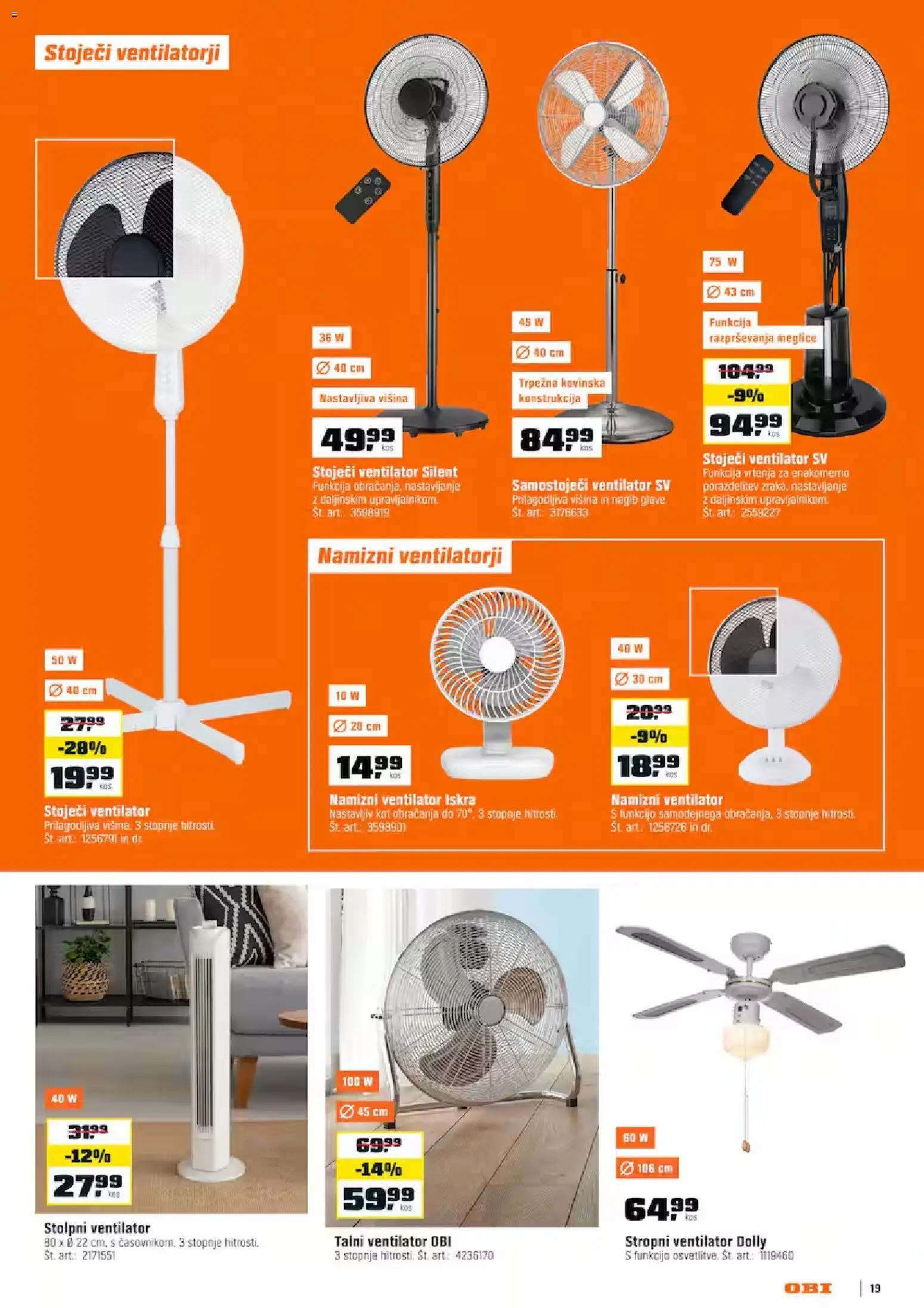 Novi OBI katalog ponudbe – veljaven od 02.07.2026 | Stran: 19 | Izdelki: Namizni ventilator, Ventilator, Talni ventilator, Stropni ventilator