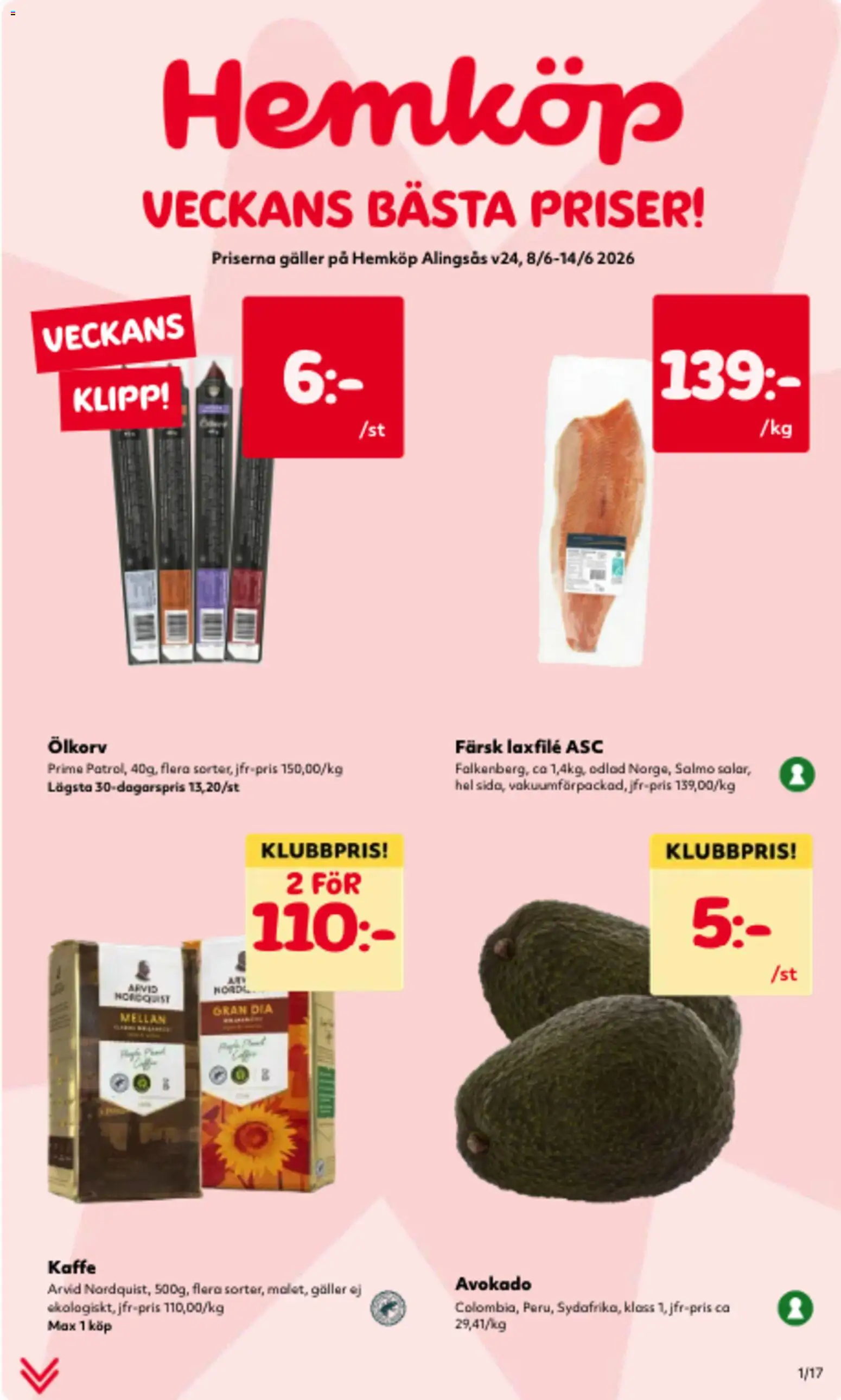 Hemköp reklamblad aktuell från 08.06.2026 | Sida: 1 | Produkter: Avocado, Galler, Kaffe