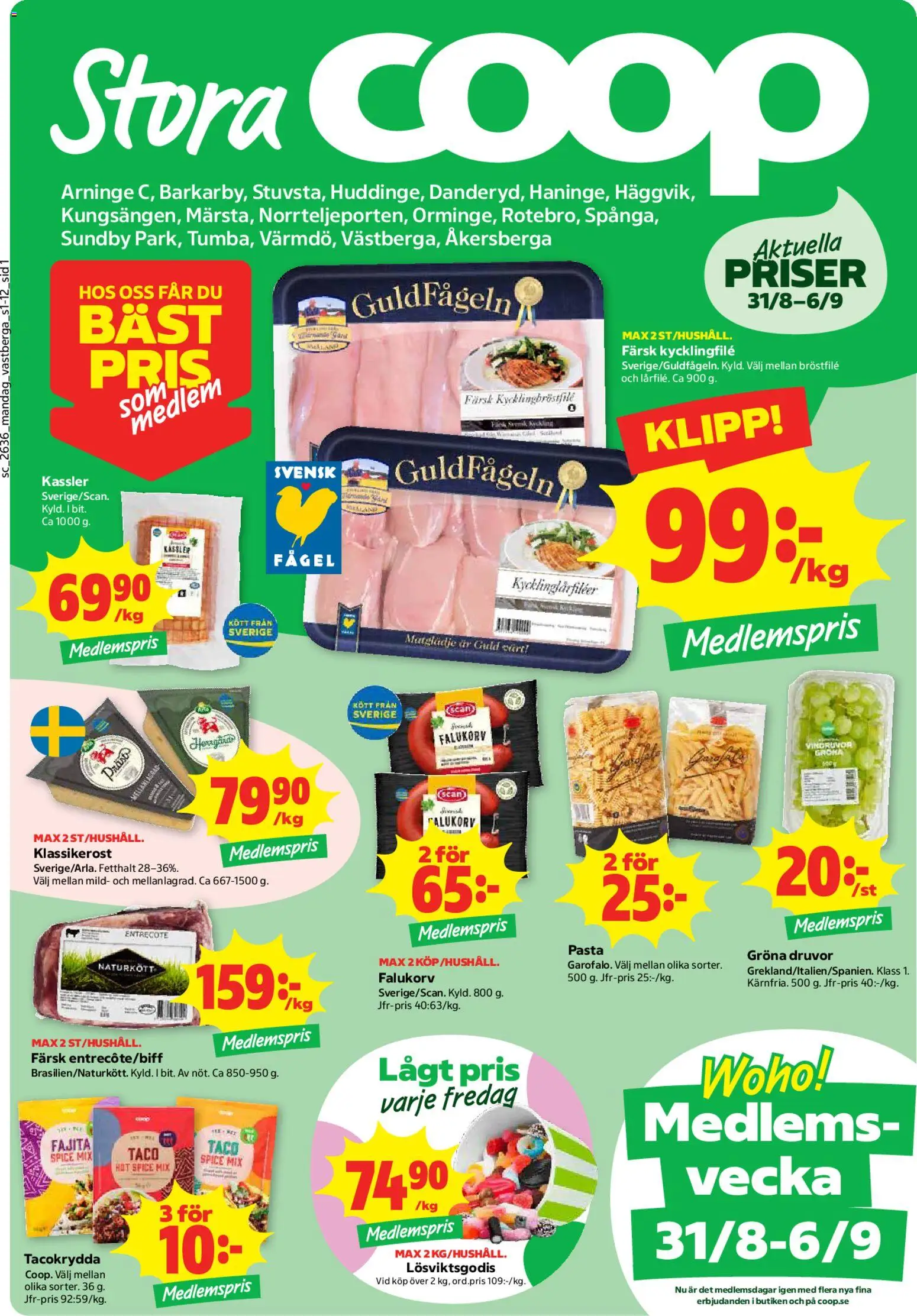 Coop Forum reklamblad aktuell från 31/08/2026 | Sida: 1 | Produkter: Entrecote, Falukorv, Tacokrydda, Pasta