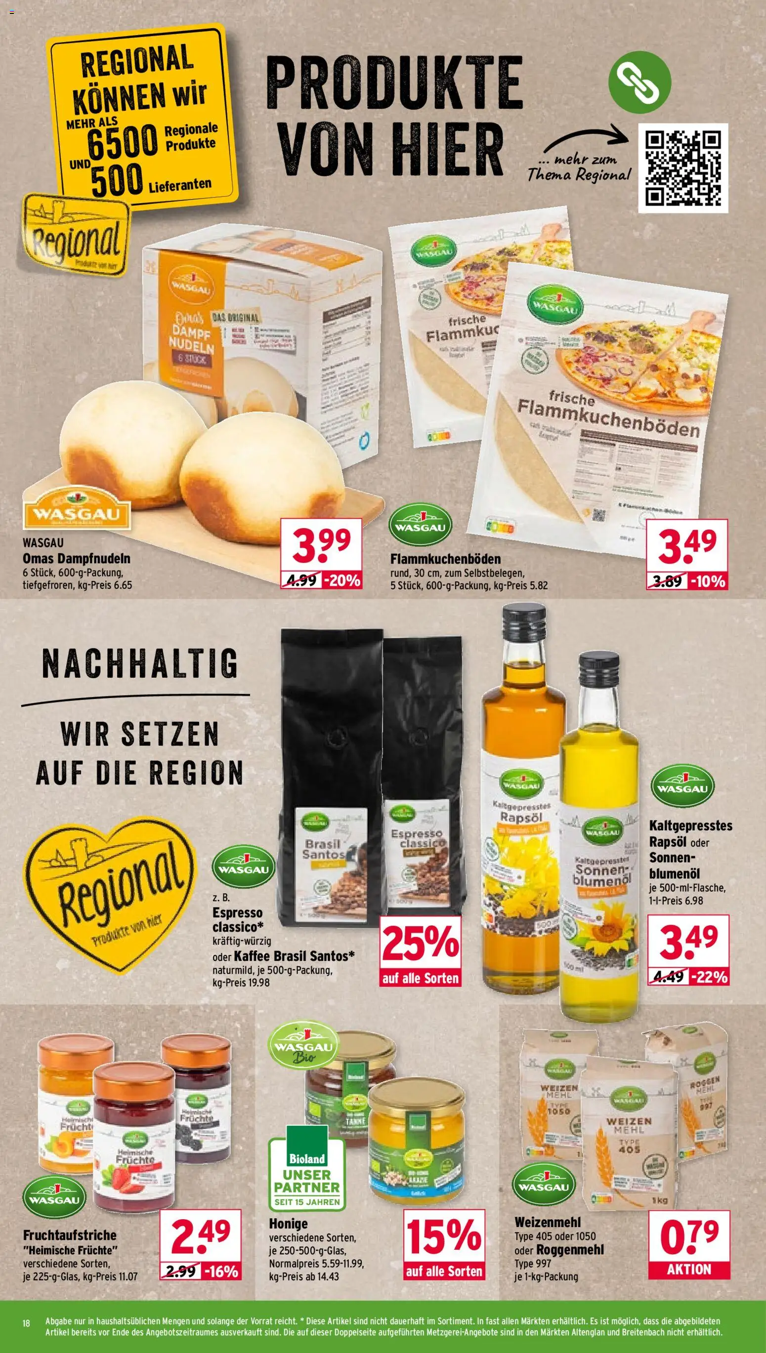 Wasgau Prospekt 	 – gültig ab 04.05.2026 | Seite: 18 | Produkte: Mehl, Kaffee, Rapsöl, Nudeln
