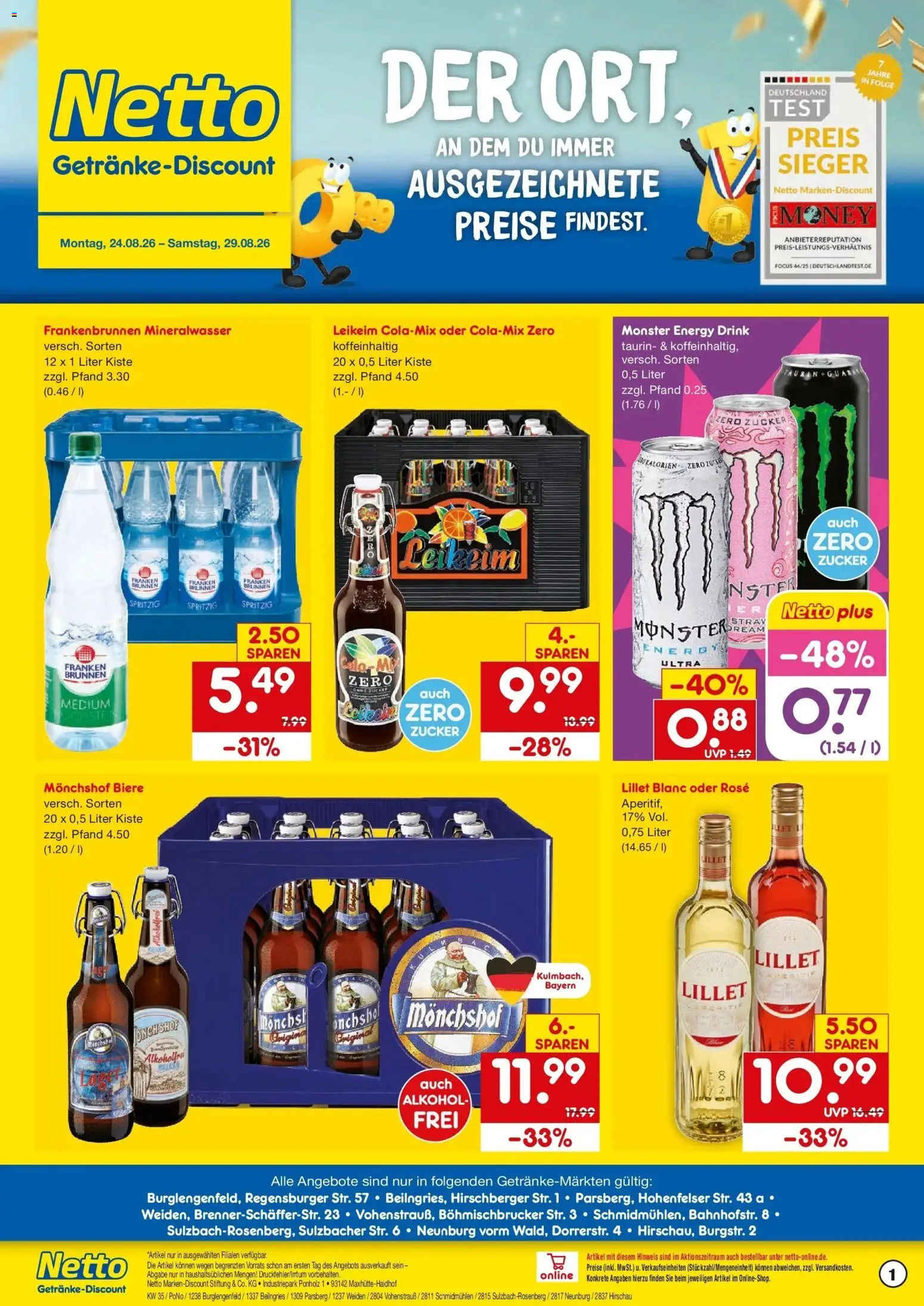 Netto Marken-Discount Prospekt Beilngries – gültig ab 24.08.2026 | Seite: 1 | Produkte: Monchshof, Mineralwasser, Alkohol, Zucker