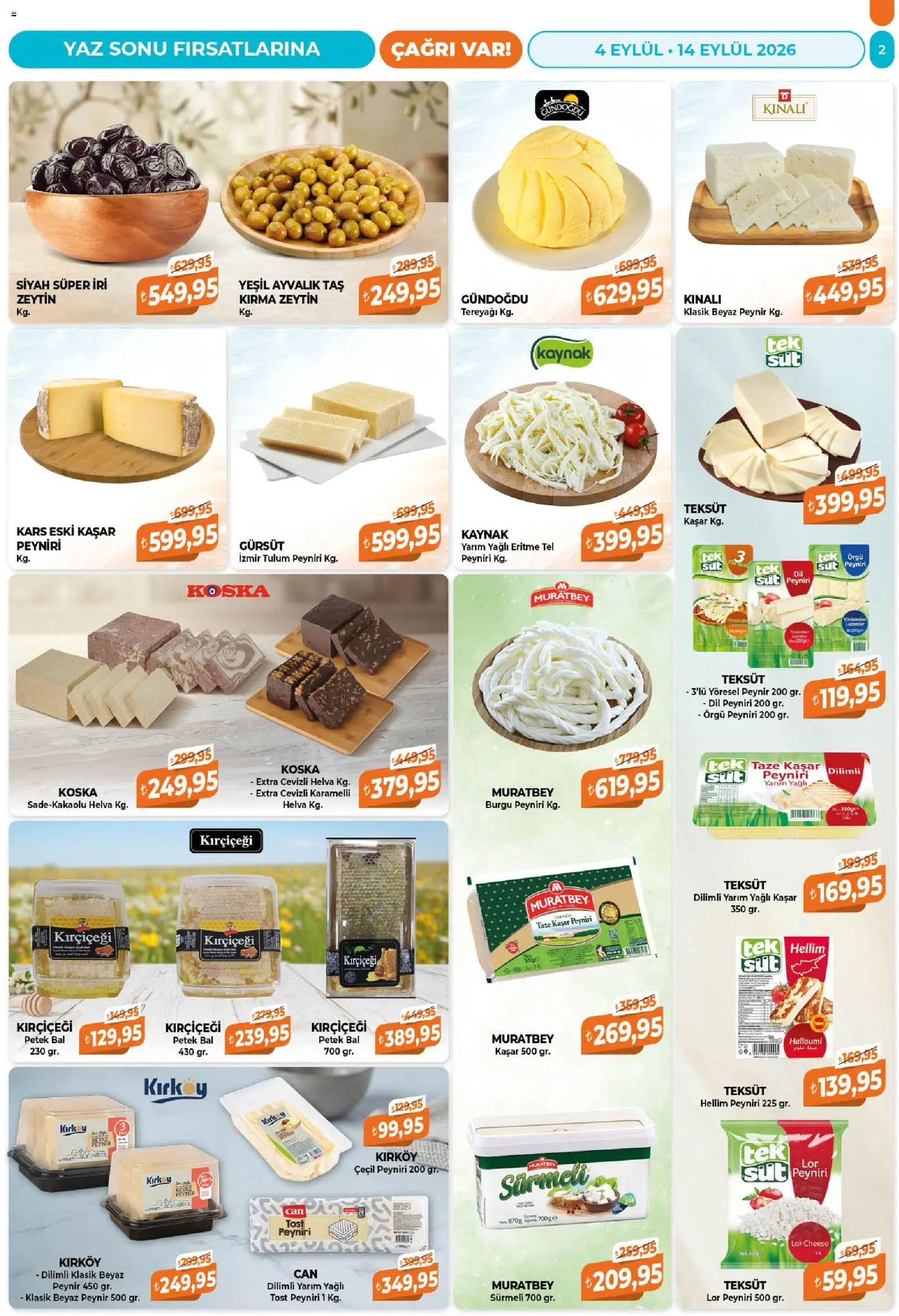 Çağrı Market Katalog - 04 Eylül 2026 tarihinden itibaren geçerlidir | Sayfa: 2 | Ürünler: Süt, Tereyağı, Tulum, Zeytin
