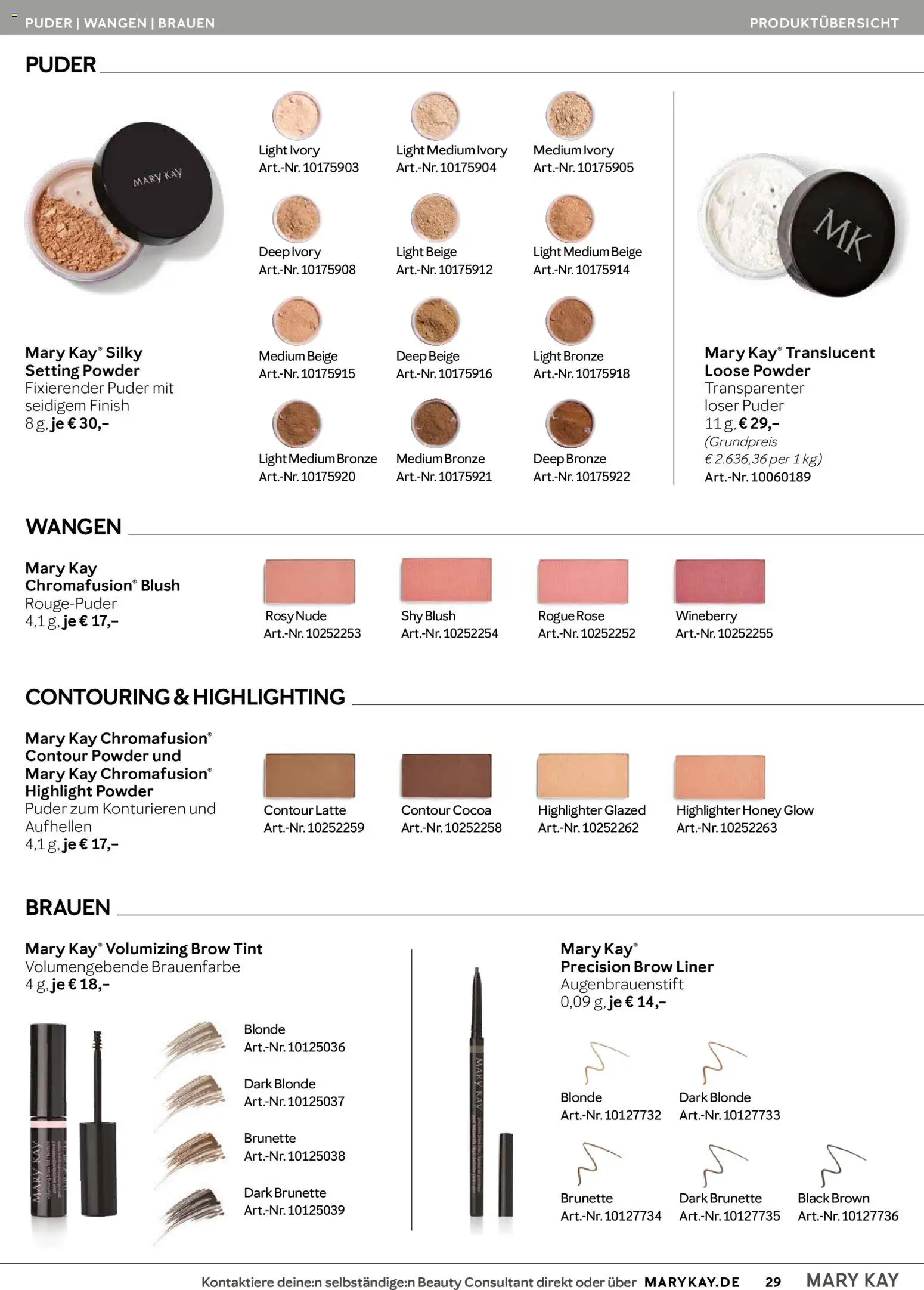 Mary Kay Katalog – gültig ab 15.04.2026 | Seite: 29 | Produkte: Puder, Finish, Augenbrauenstift, Blush