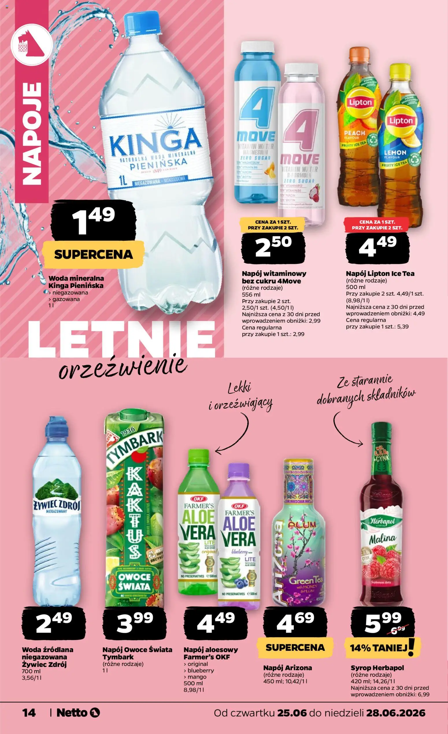 Netto gazetka od czwartku spożywcza od 25.06.2026 | Strona: 14 | Produkty: Syrop, Ice Tea, Woda źródlana, Woda