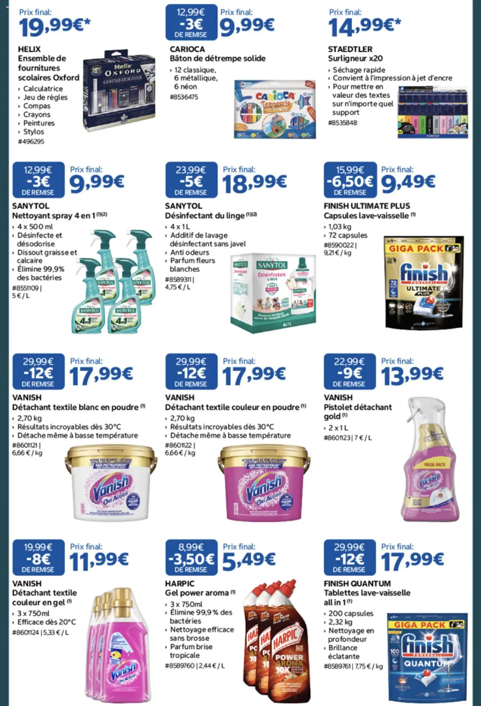 {H1} | Page: 3 | Produits: Calculatrice, Brosse, Détachant, Désinfectant du linge