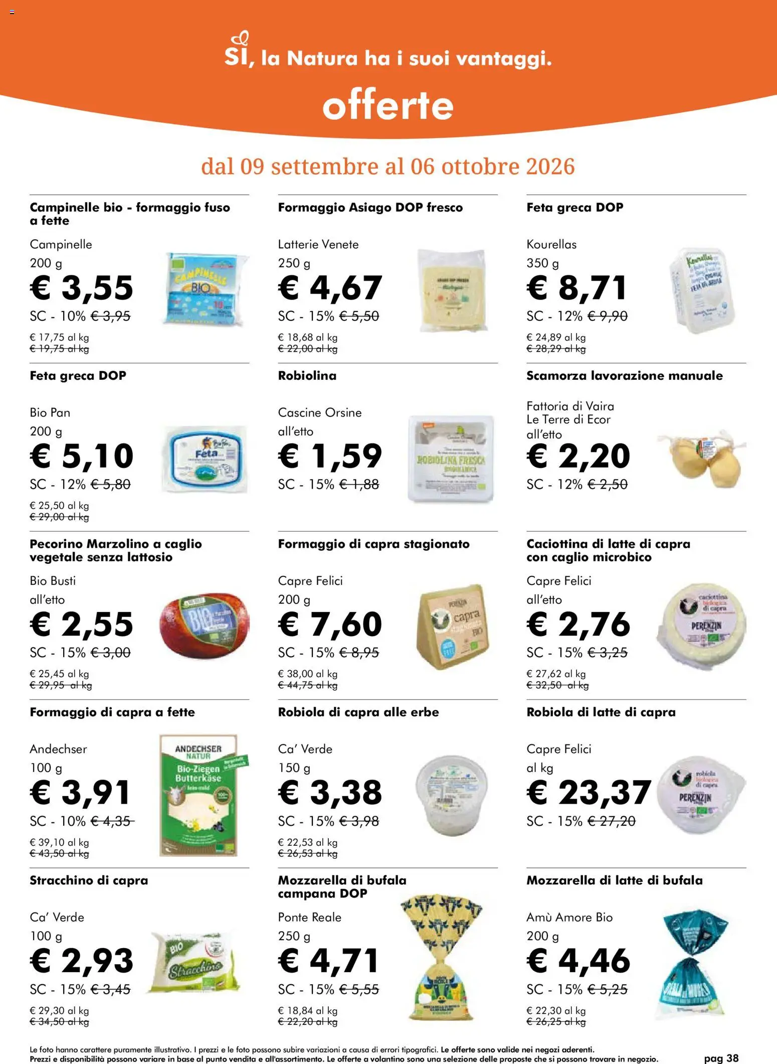 Volantino Natura Sì del 09/09/2026 | Pagina: 38 | Prodotti: Mozzarella, Mozzarella di bufala, Formaggio asiago, Formaggio fuso