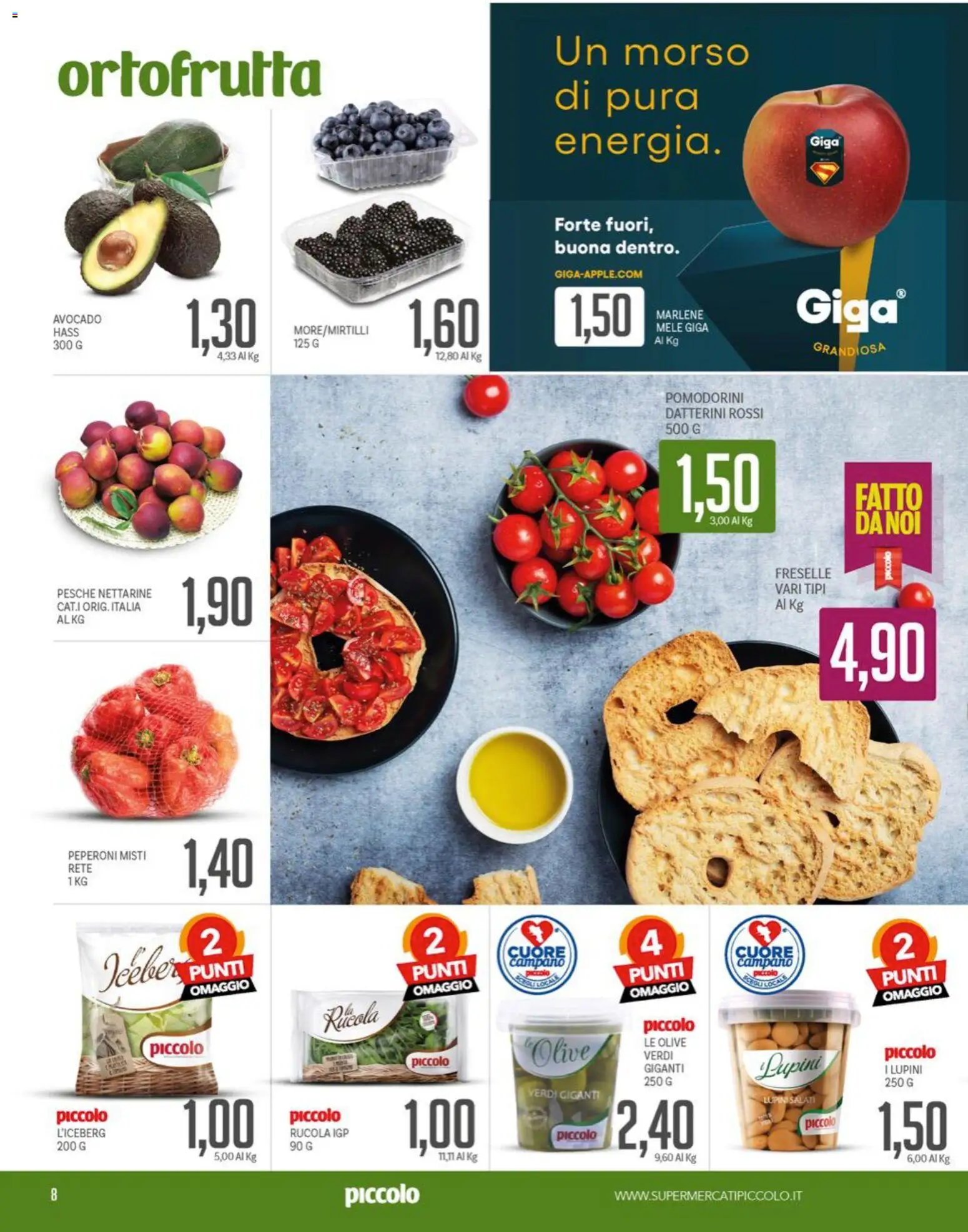 Volantino Piccolo del 15.06.2026 | Pagina: 8 | Prodotti: Pomodorini, Peperoni, Avocado, Olive